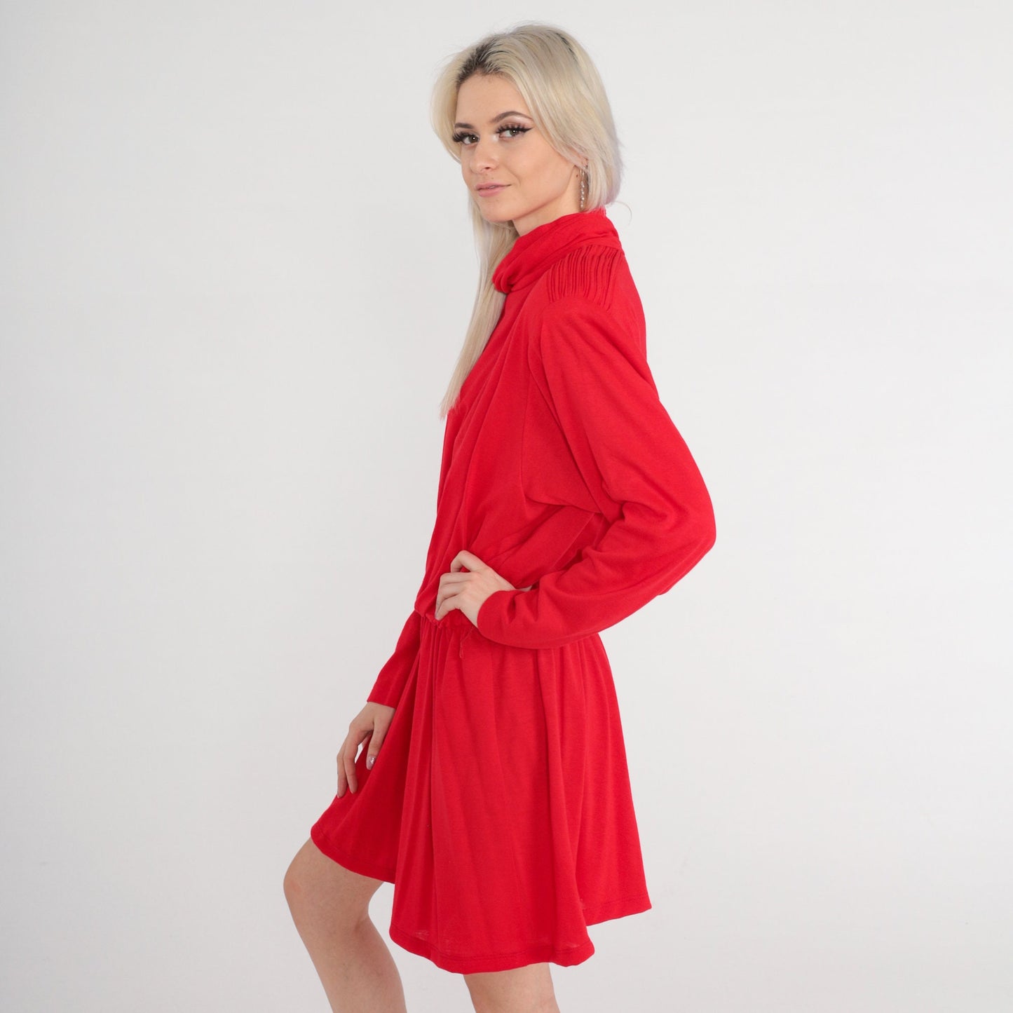 80s Red Mini Dress Turtleneck Blouson Pleated High Waist Long Sleeve Large