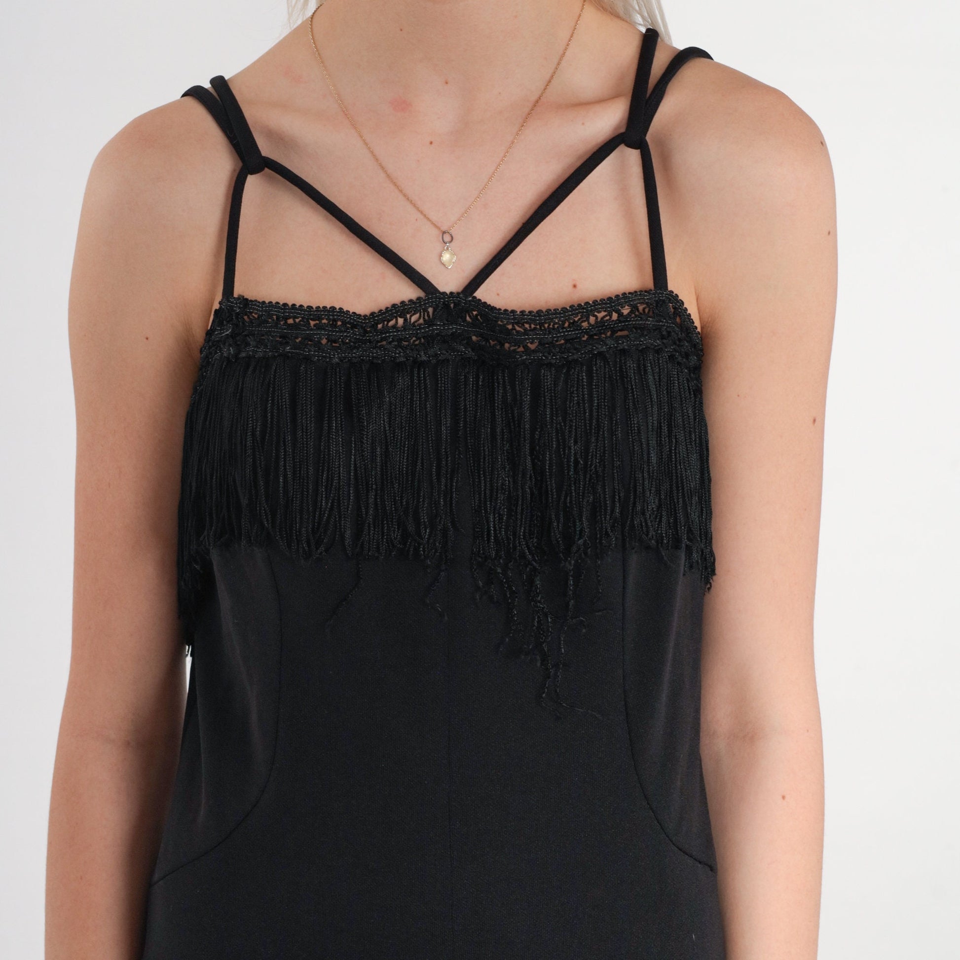 70s Black Fringe Maxi Dress Criss Cross Straps Crochet Lace Medium