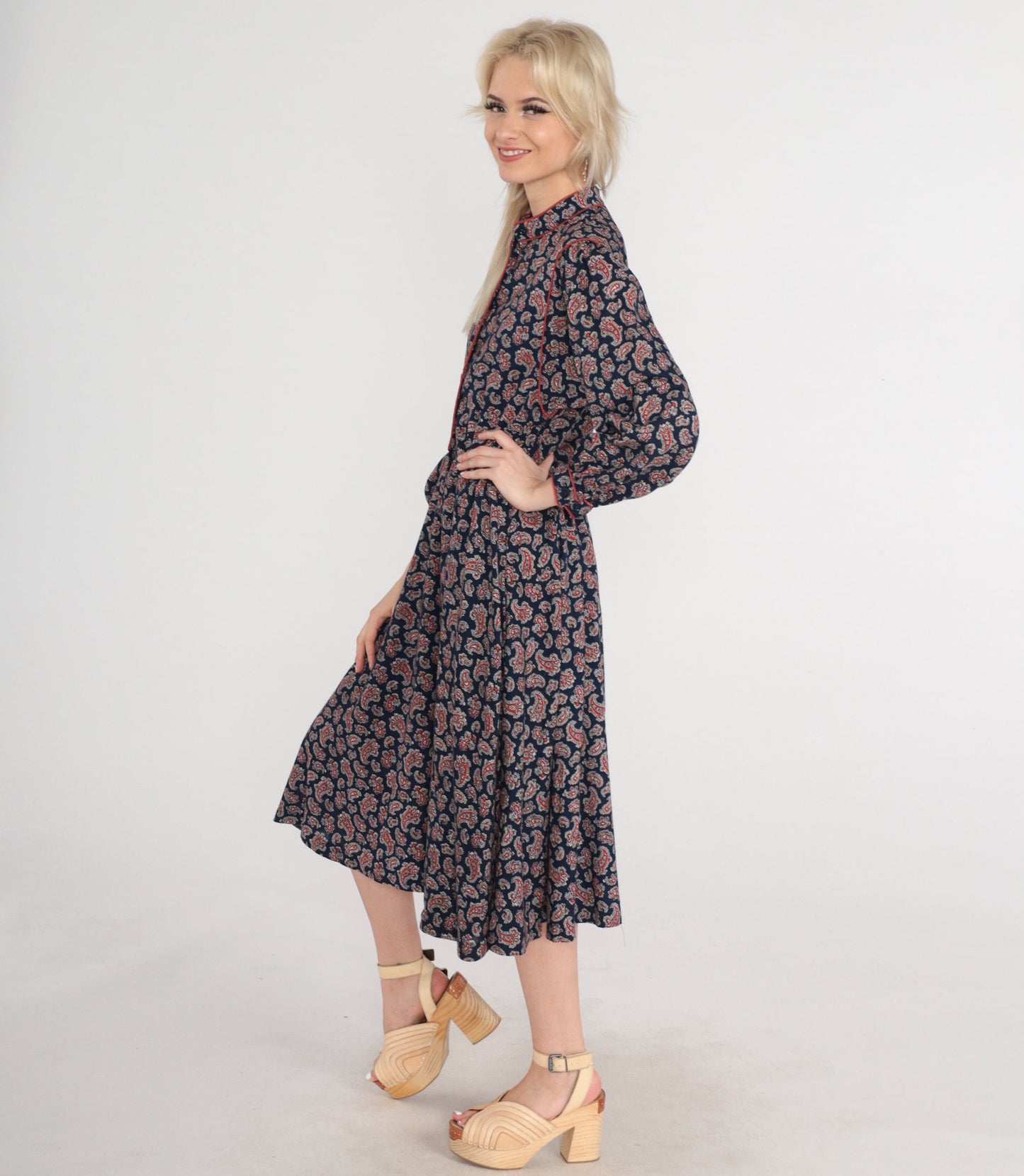 70s Navy Paisley Midi Dress Button-Up Long Sleeve High Waist Small