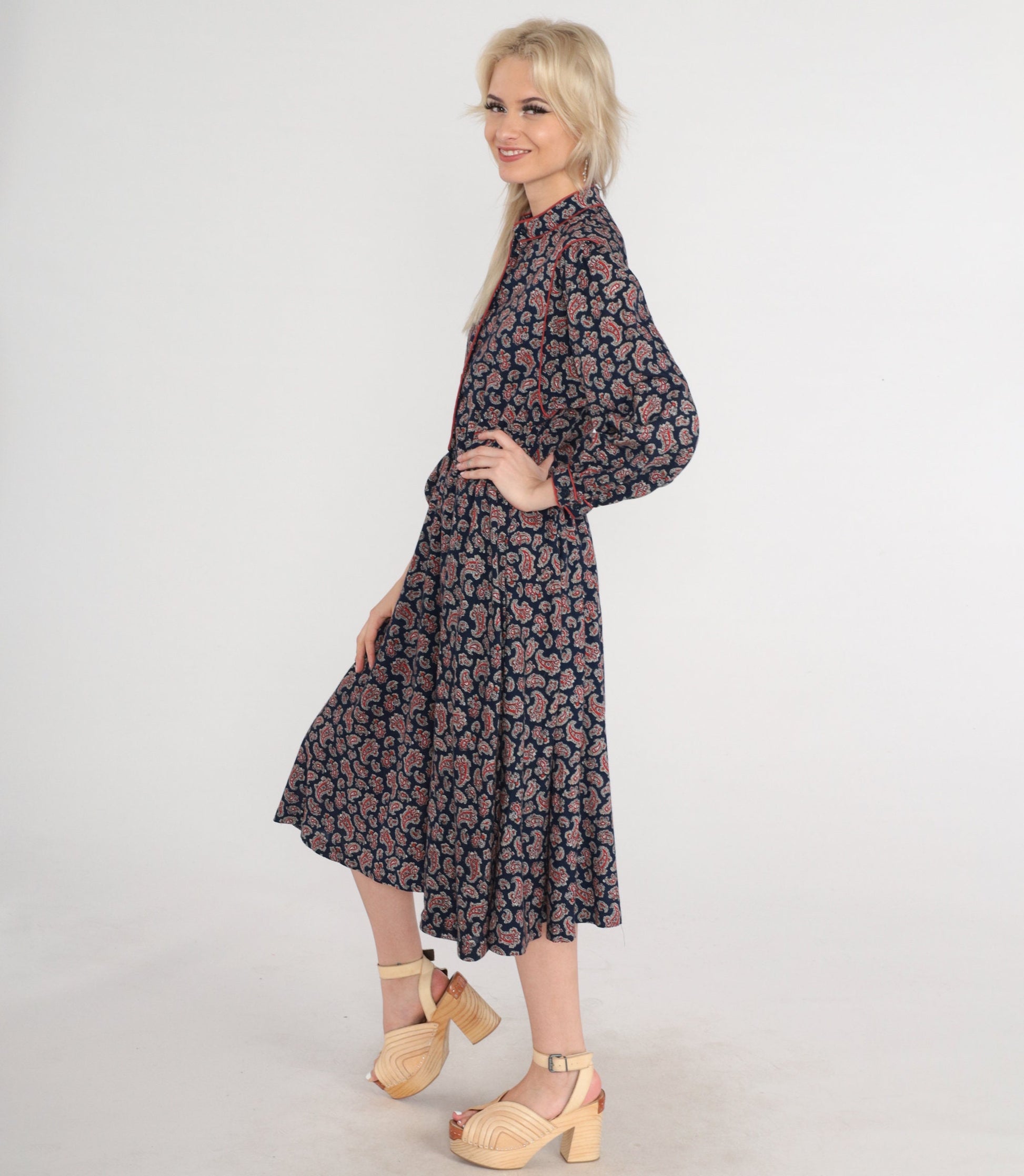 70s Navy Paisley Midi Dress Button-Up Long Sleeve High Waist Small
