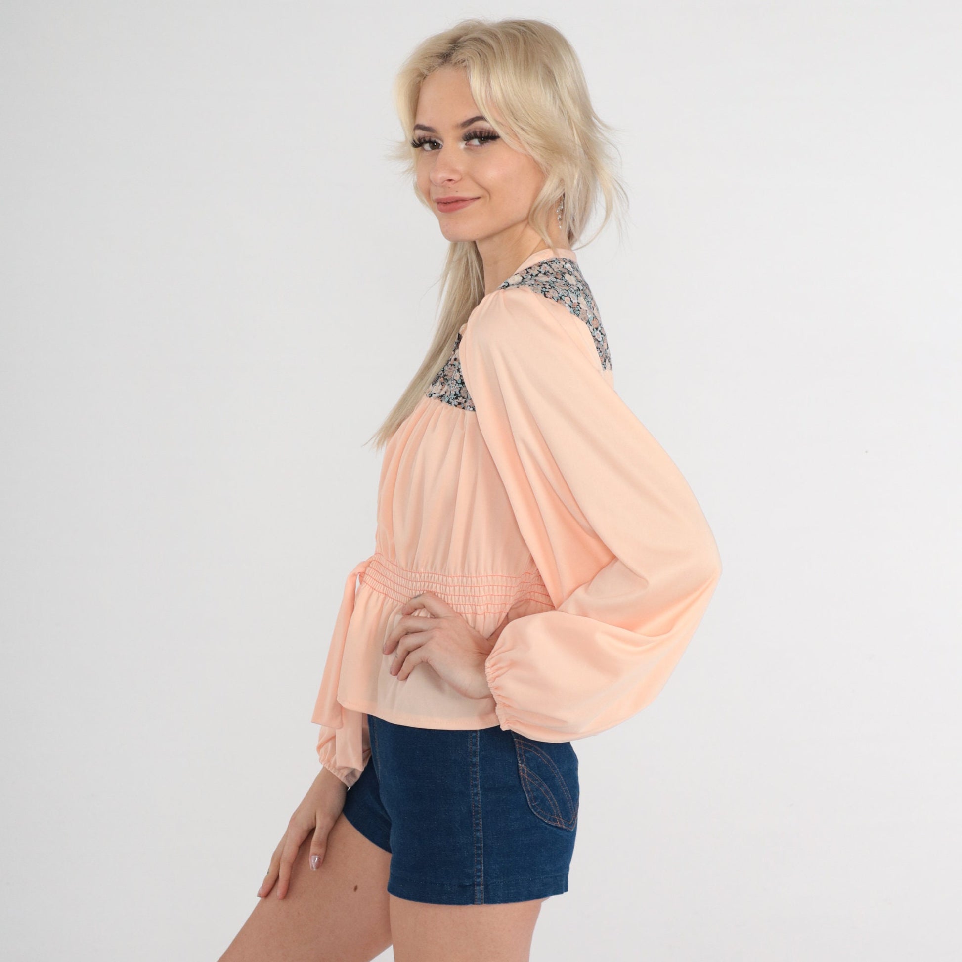 70s Peasant Blouse Pink Floral Puff Sleeve Tie Front Top Extra Small