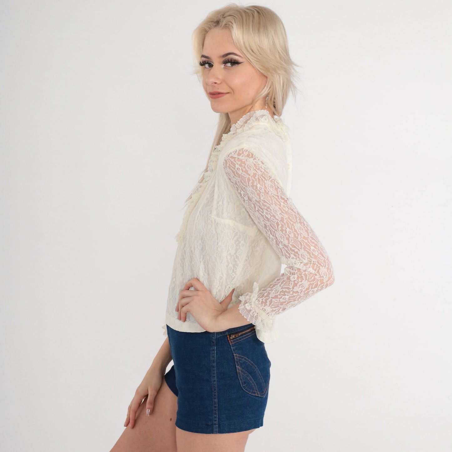 70s White Lace Blouse Floral High Neck Ruffled Long Sleeve Extra Small