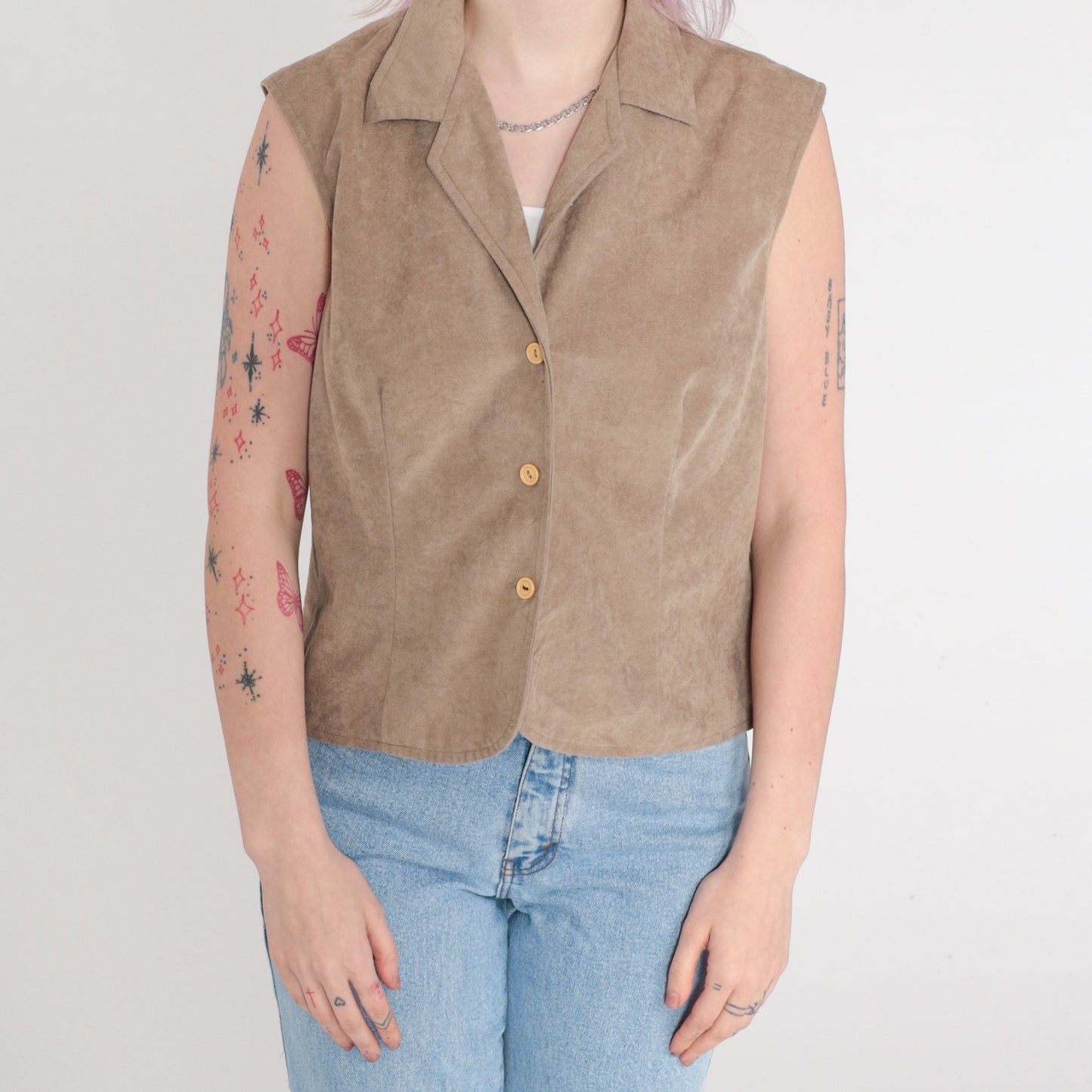 90s Taupe Faux Suede Button-Up Tank Top Sleeveless Collared Medium