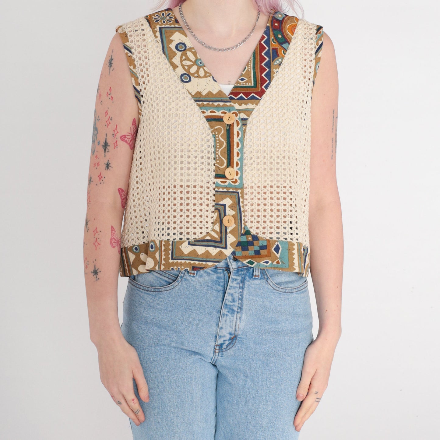 90s Cream Crochet Tank Top Geometric Open Weave Button Front Large L