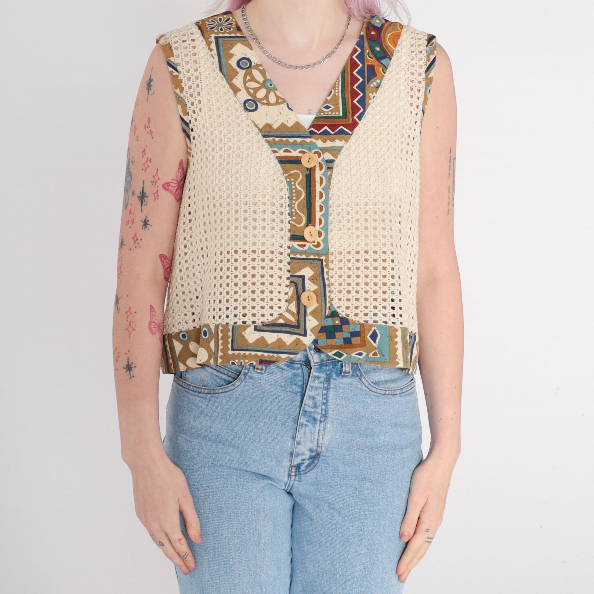 90s Cream Crochet Tank Top Geometric Open Weave Button Front Large L