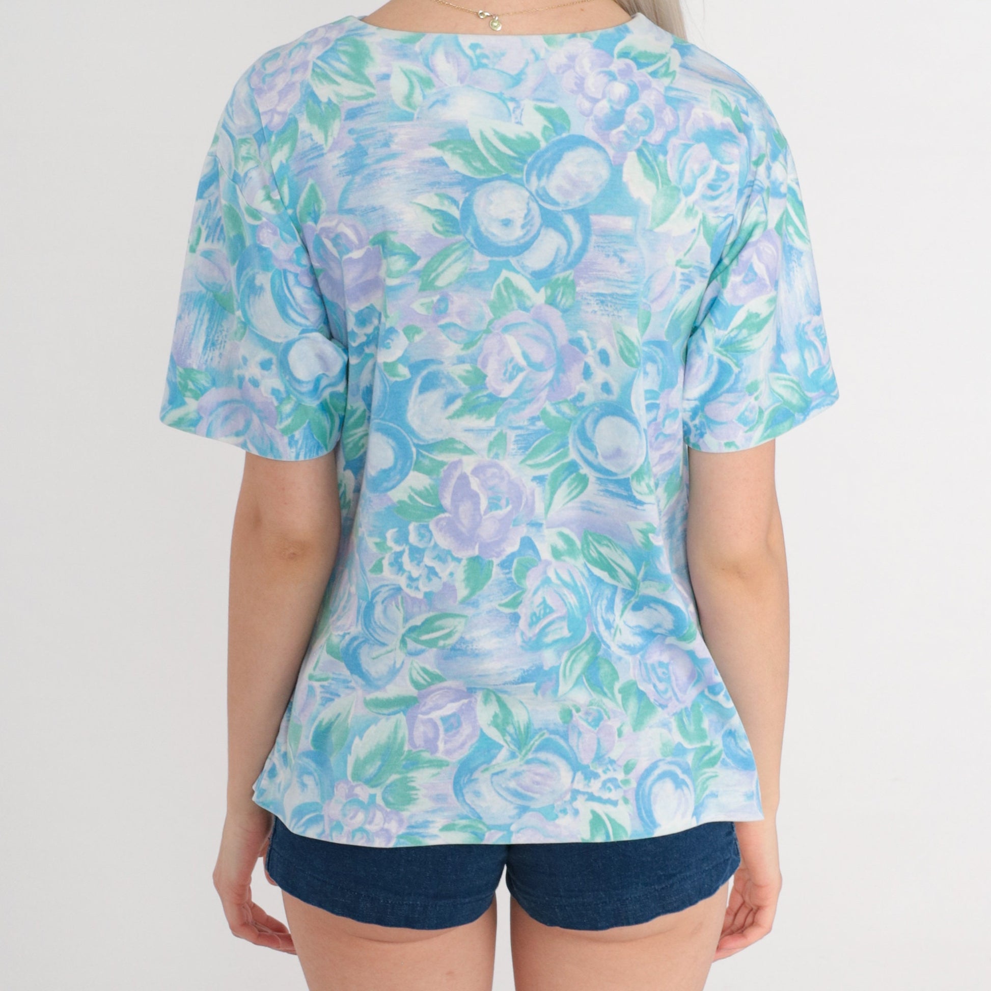 80s Floral Fruit Print Henley Shirt Blue Purple Short Sleeve Small