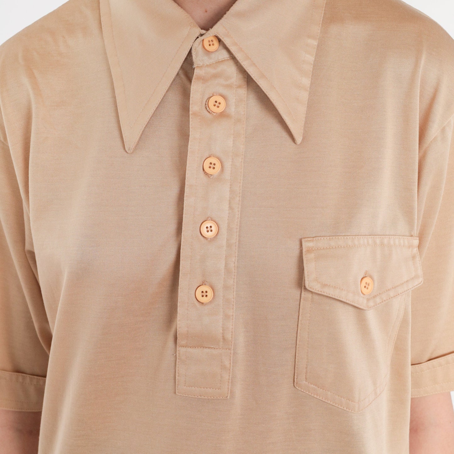 70s Tan Polo Shirt Dagger Collar Button-Up Short Sleeve Medium