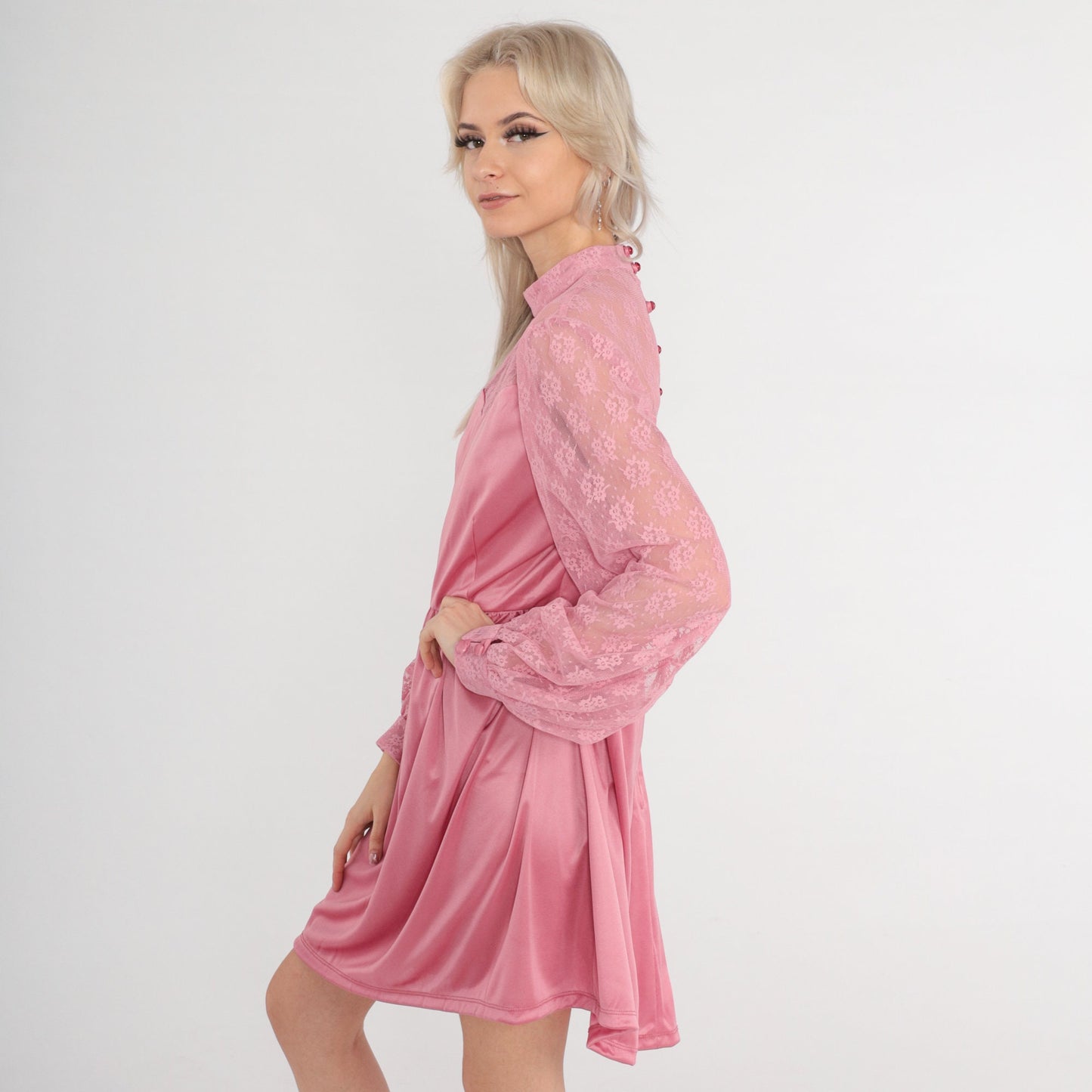 70s Pink Mini Dress Lace Neckline High Waist Long Sleeve Medium
