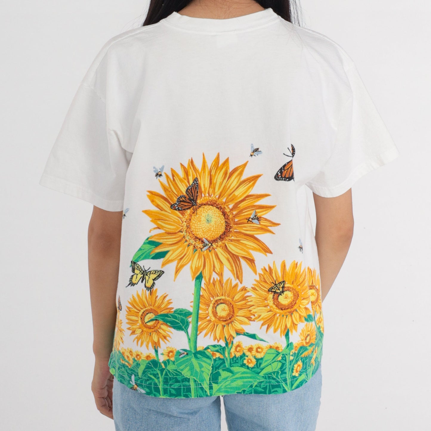90s Sunflower Bumblebee Butterfly Graphic T-Shirt Cotton Floral Tee Large