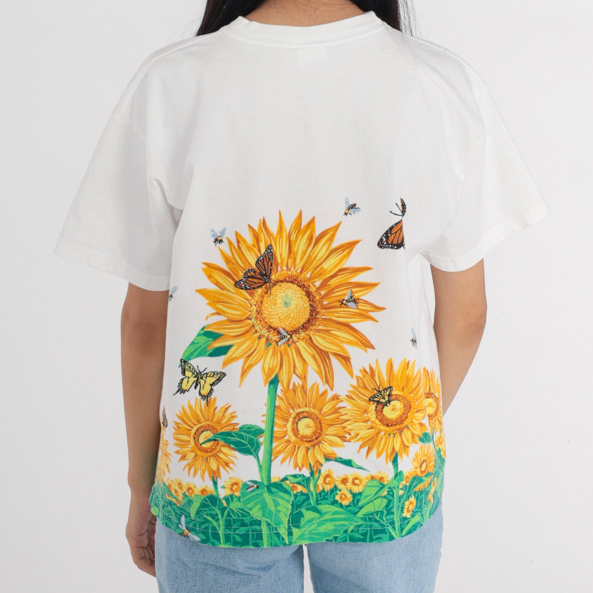 90s Sunflower Bumblebee Butterfly Graphic T-Shirt Cotton Floral Tee Large