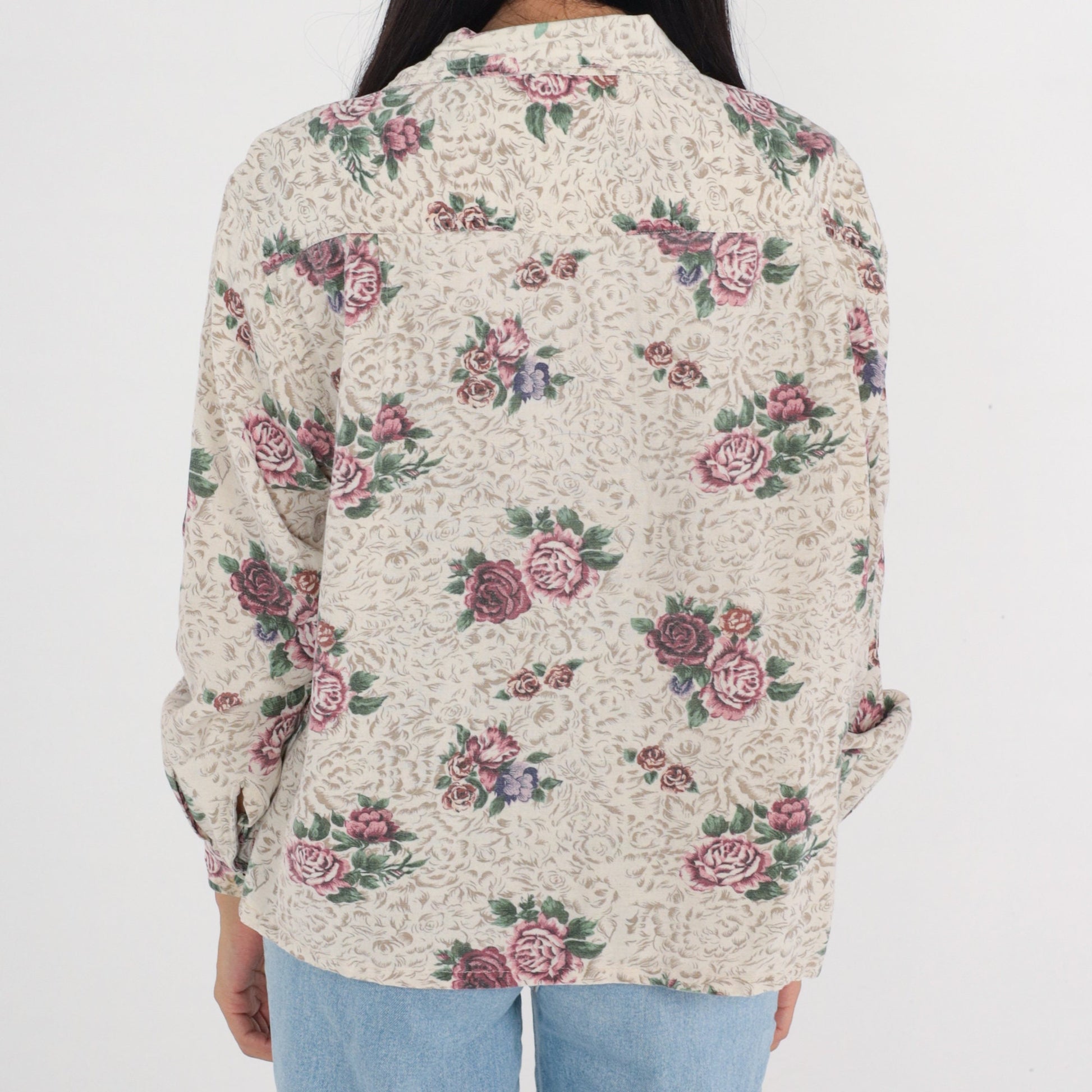 00s Lemon Grass Floral Button-Up Blouse Long Sleeve Collared Shirt Large L