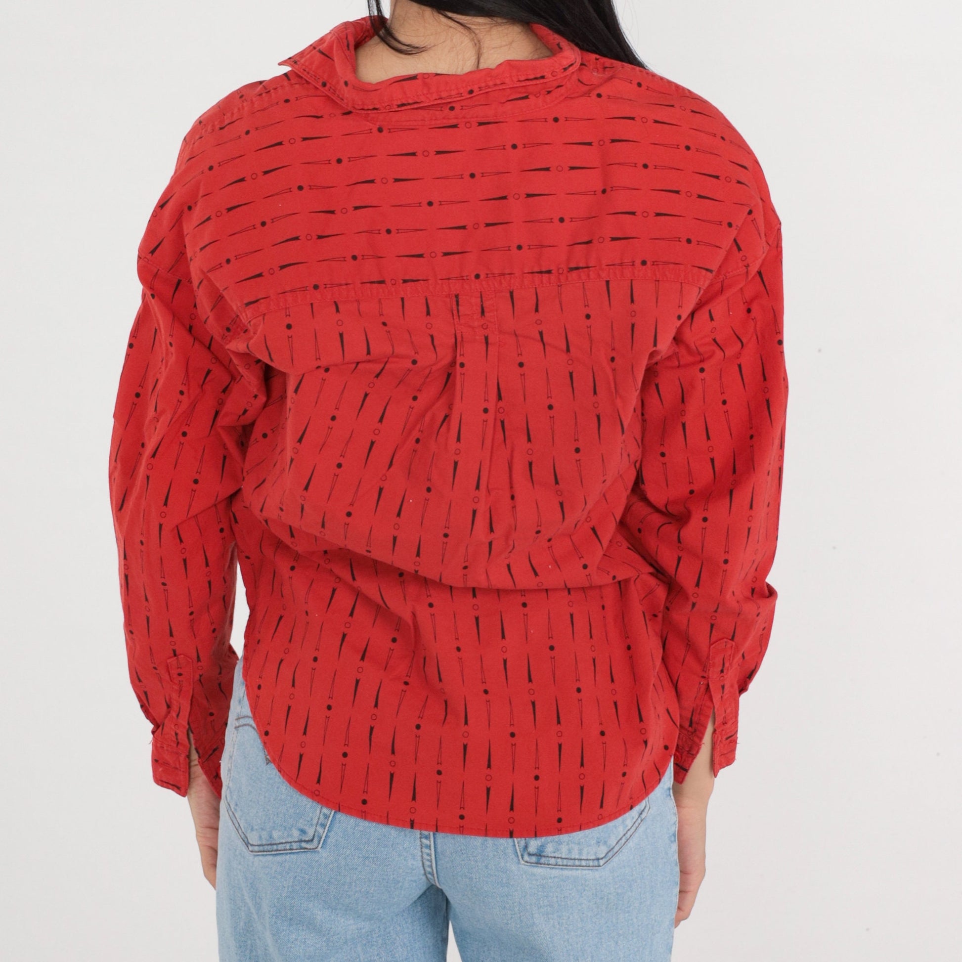 90s Red Cotton Button-Up Shirt Dot Arrow Print Long Sleeve Medium