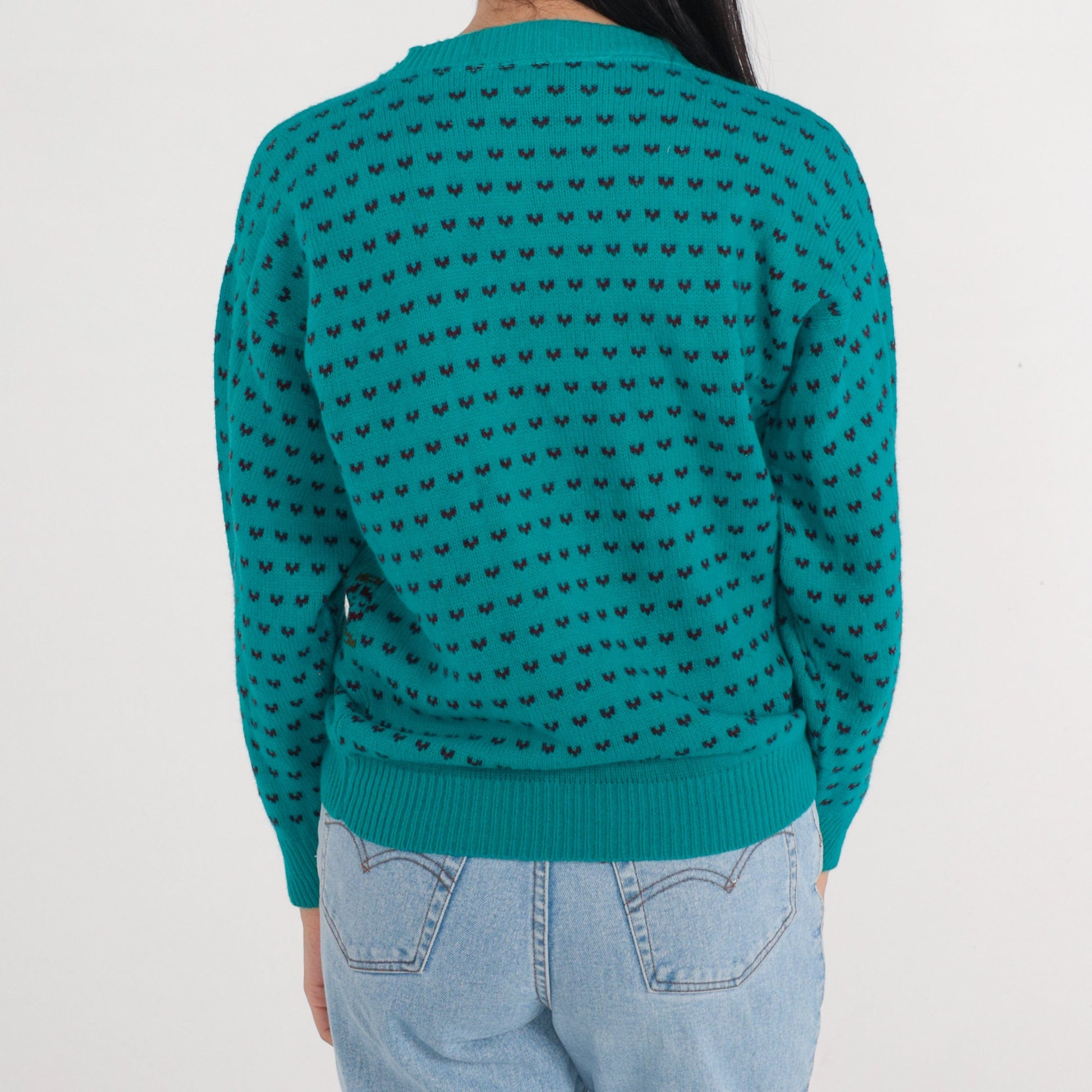 80s Teal Knit Sweater Teddy Bear Floral Hearts Pullover Small
