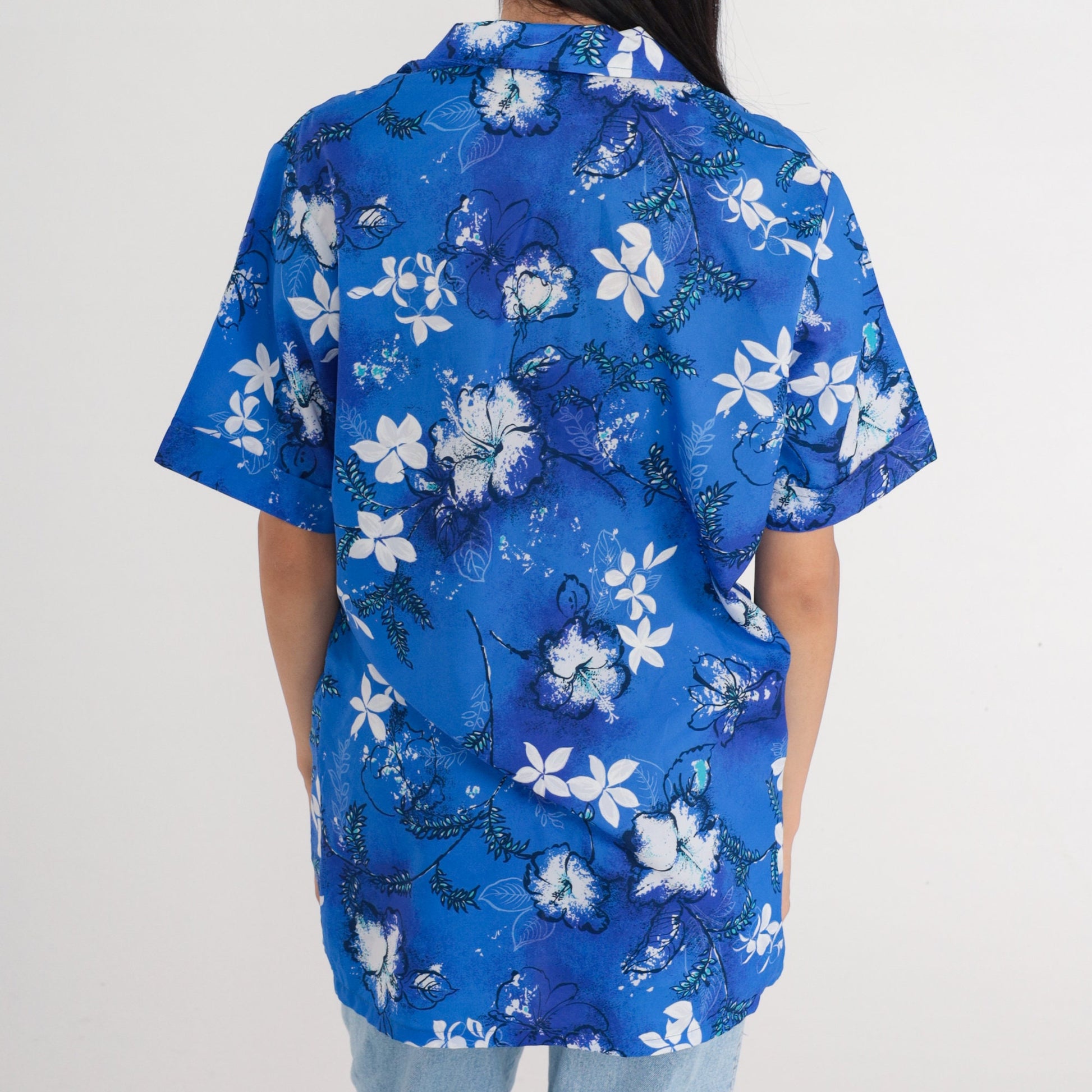 70s Hawaiian Shirt Blue Tropical Floral Button Up Short Sleeve Medium M