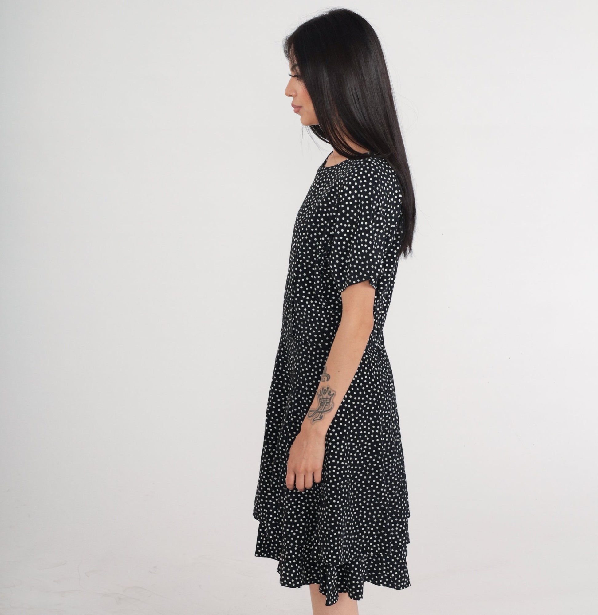 90s Black White Polka Dot Mini Dress High Waisted Skater Short Sleeve Medium
