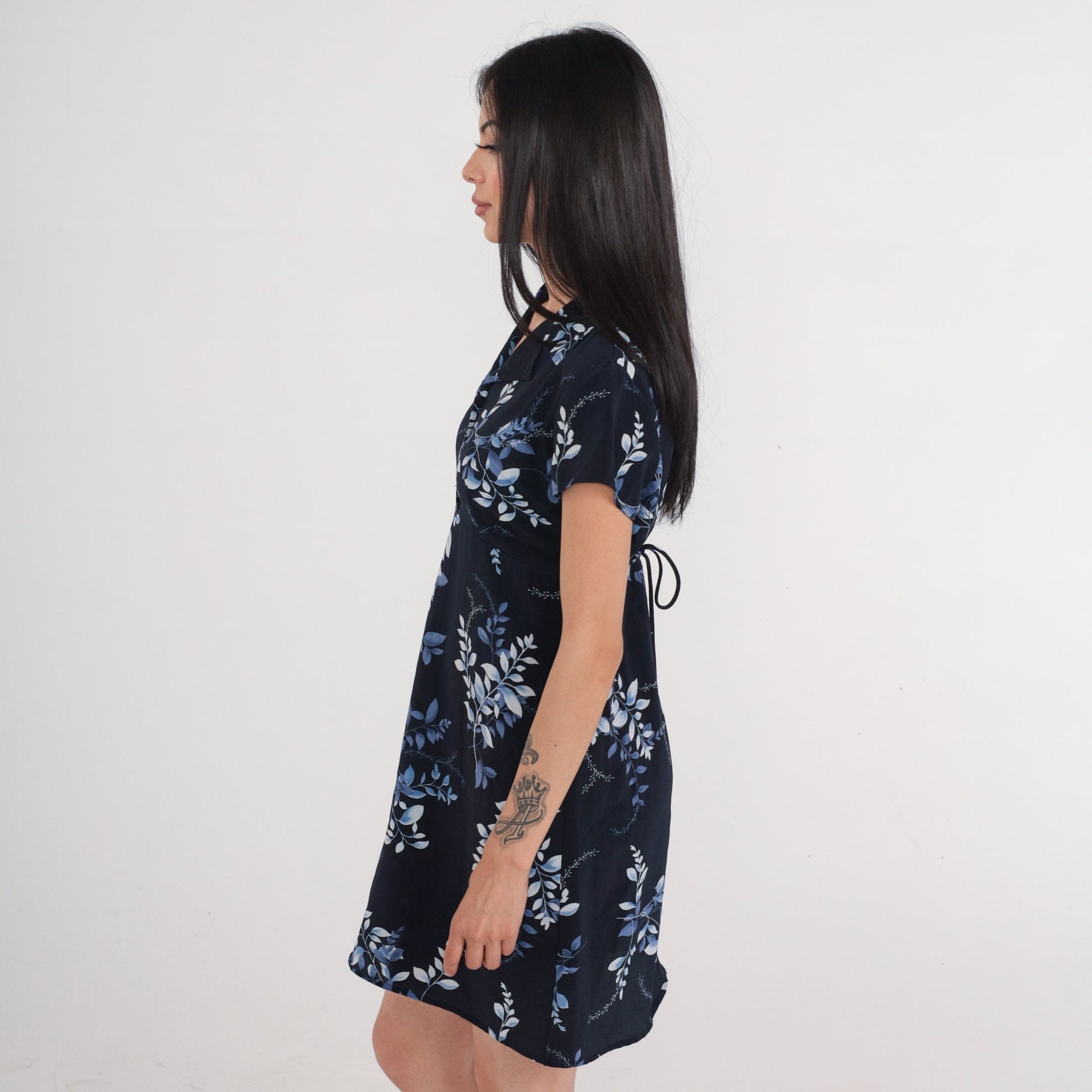 90s Jodi of California Navy Leaf Print Mini Dress Empire Waist Medium