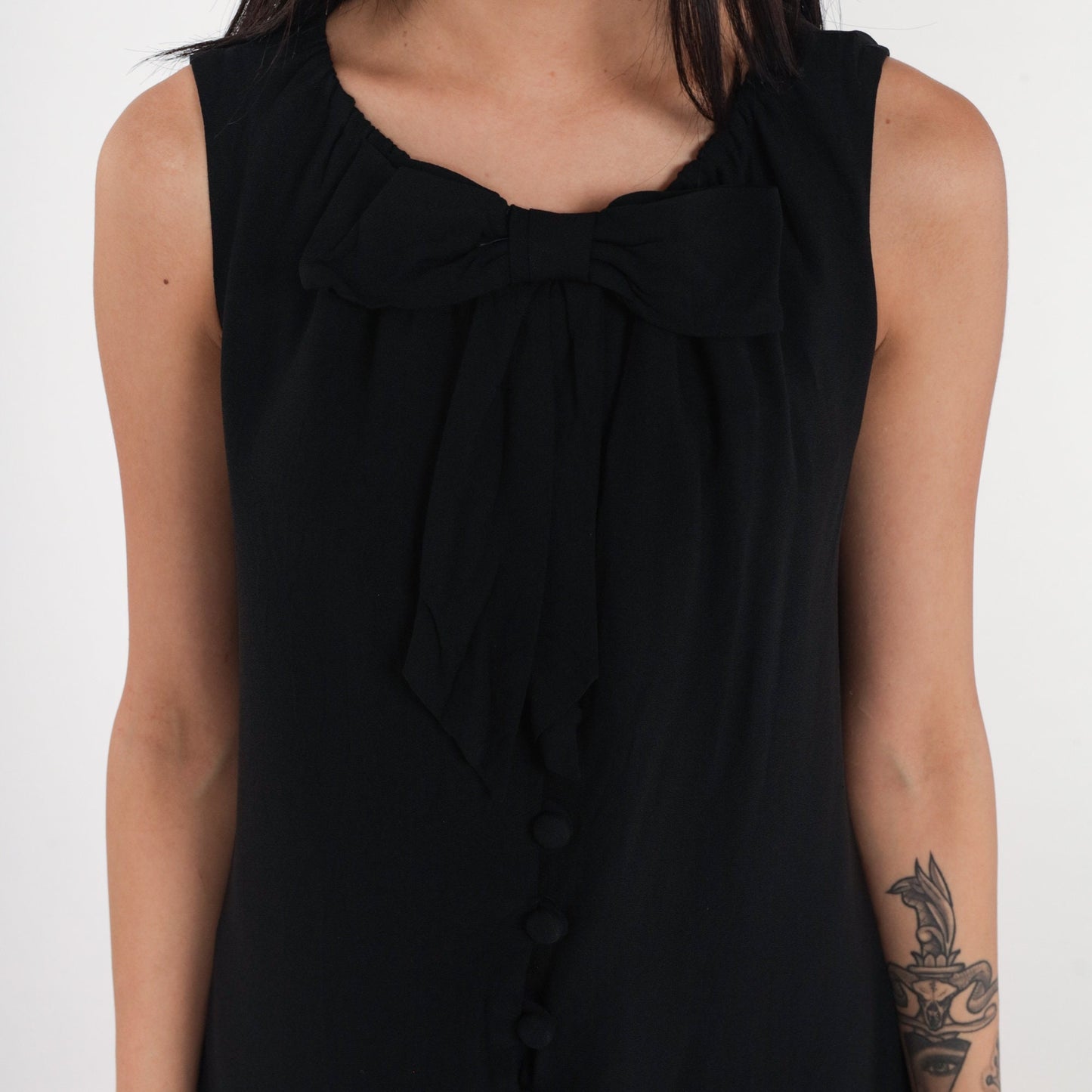 60s Black Shift Dress Bow Neckline Button Front Mini Medium M