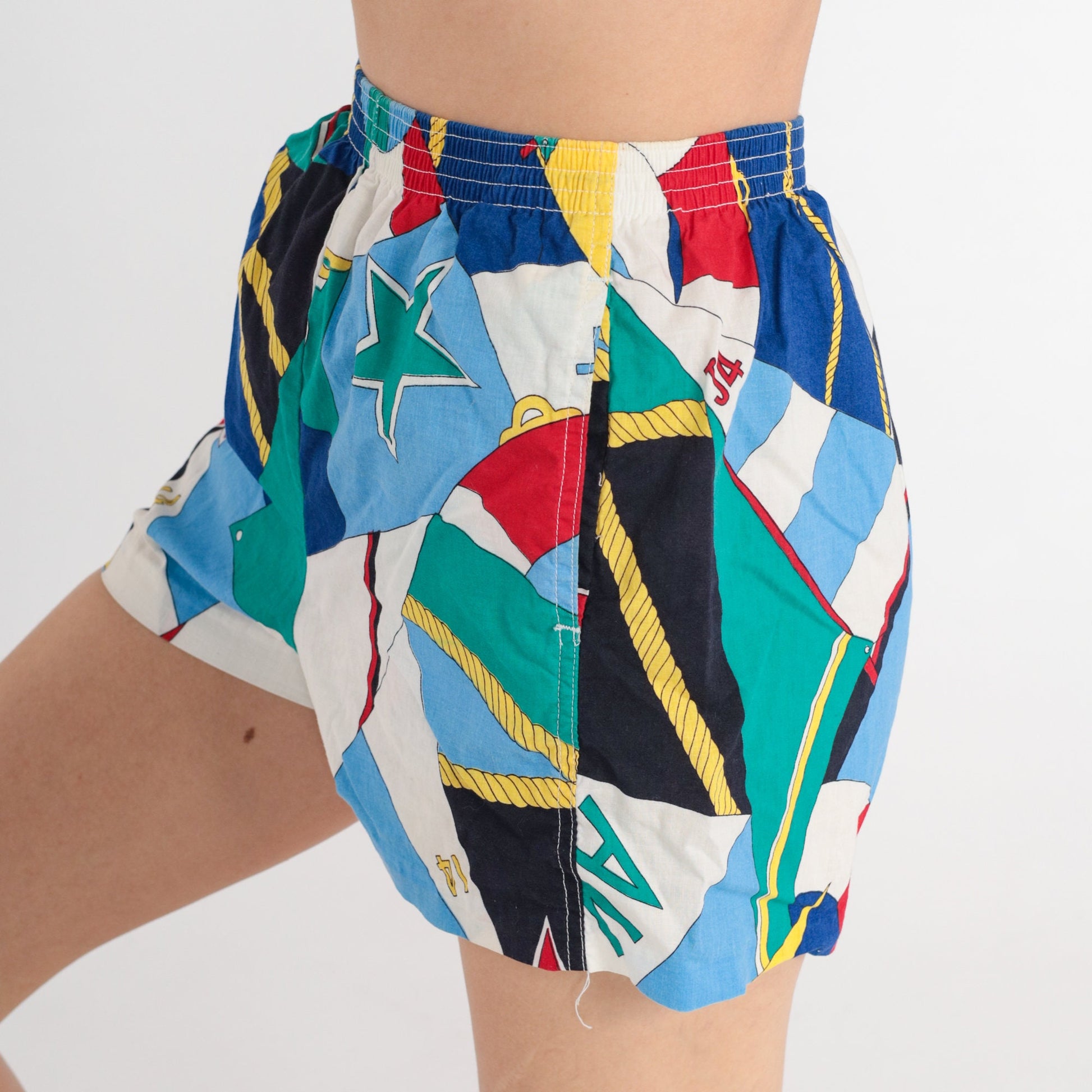 80s Nautical Abstract Print Shorts High Waist Elastic Cotton Blue Green XS