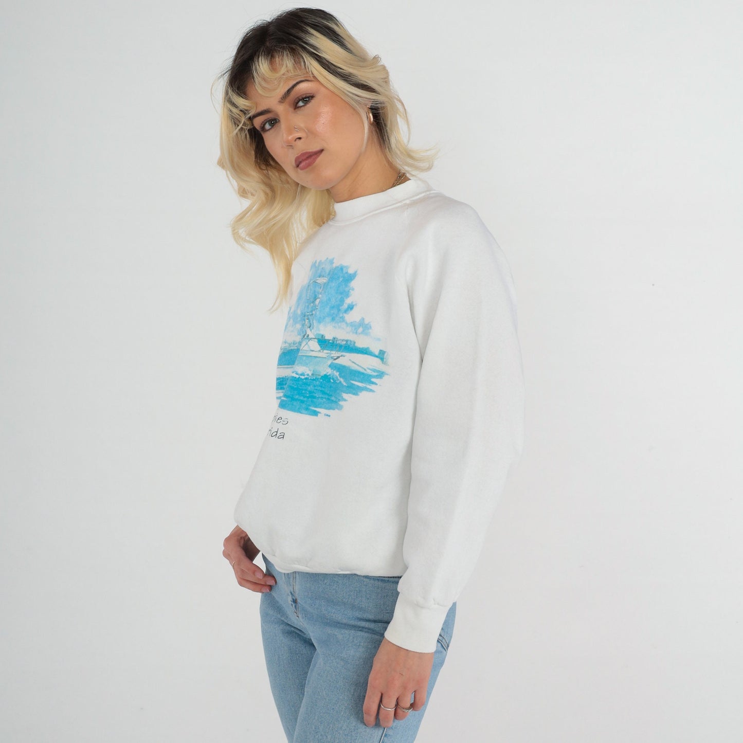 90s Naples Florida Boat Sweatshirt White Raglan Graphic Crewneck Medium Large