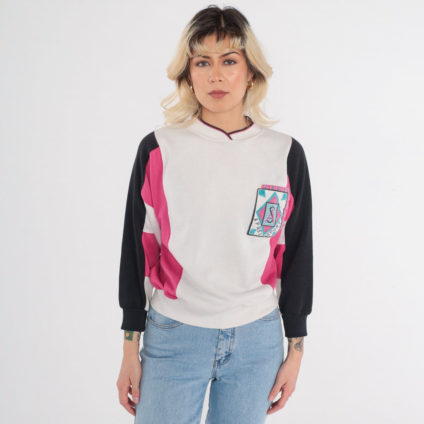 90s Apres Sport Color Block Sweatshirt White Pink Black Crewneck Small