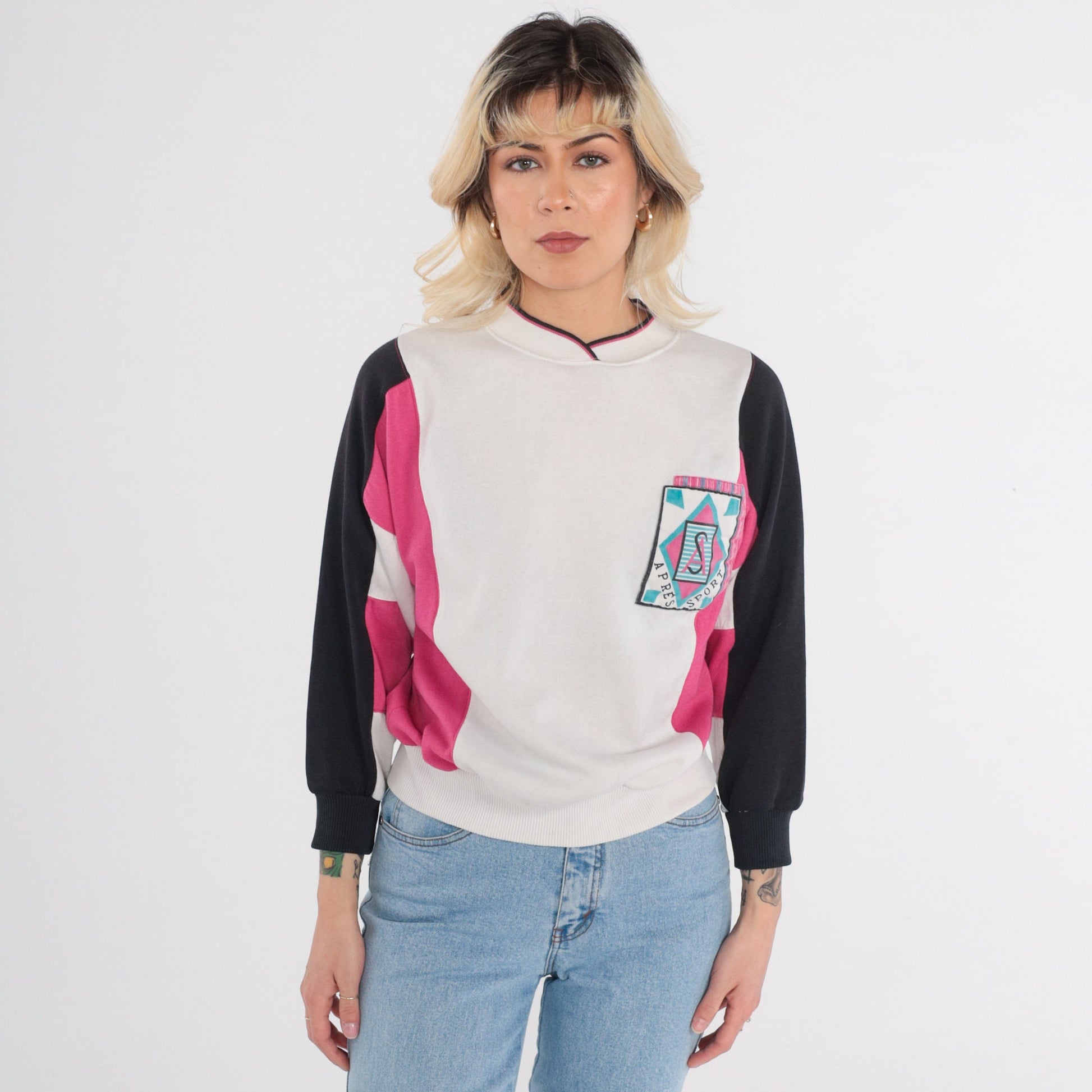 90s Apres Sport Color Block Sweatshirt White Pink Black Crewneck Small