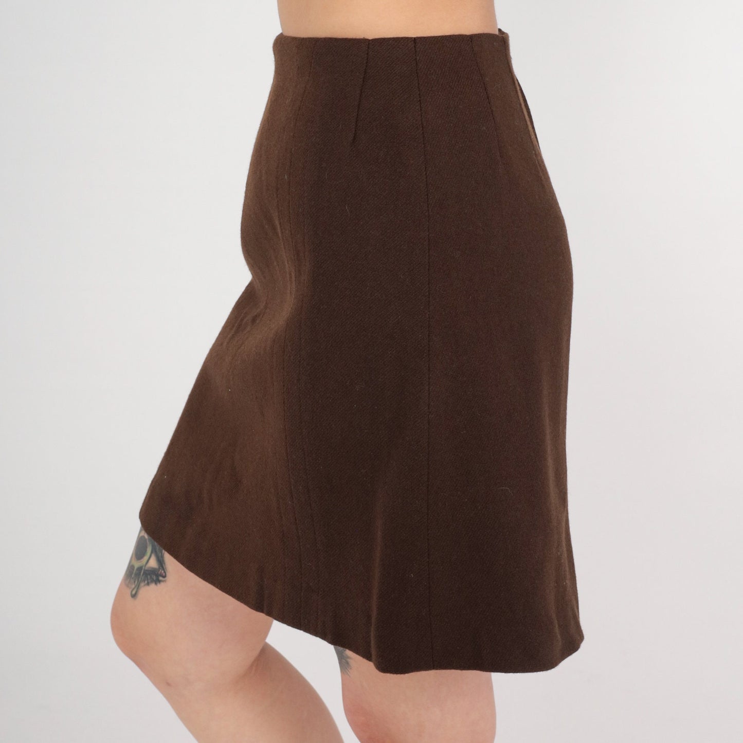 70s Brown Wool Pencil Skirt High Waist Rear Zip Small