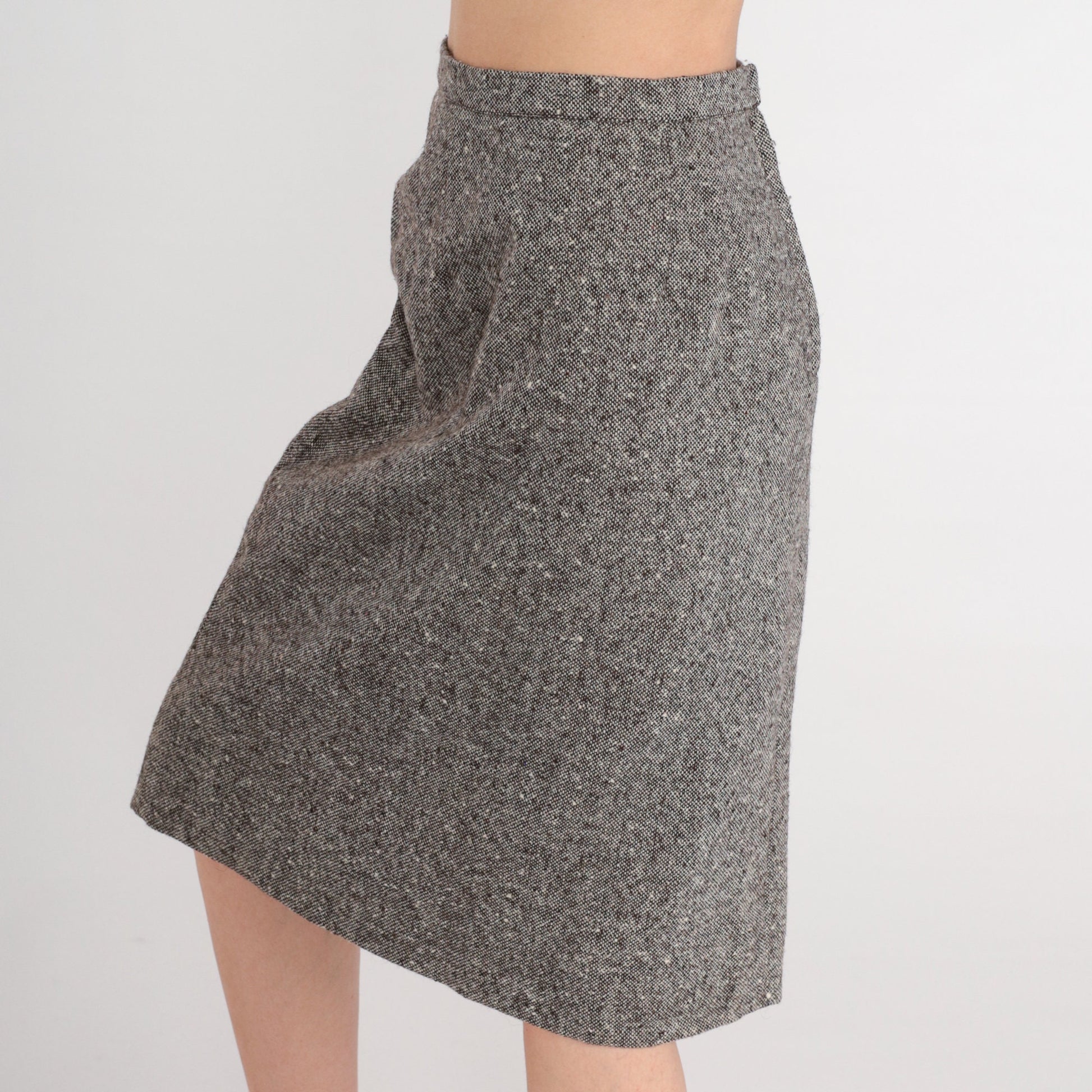 70s Grey Wool Midi Skirt High Waisted Pencil Small S