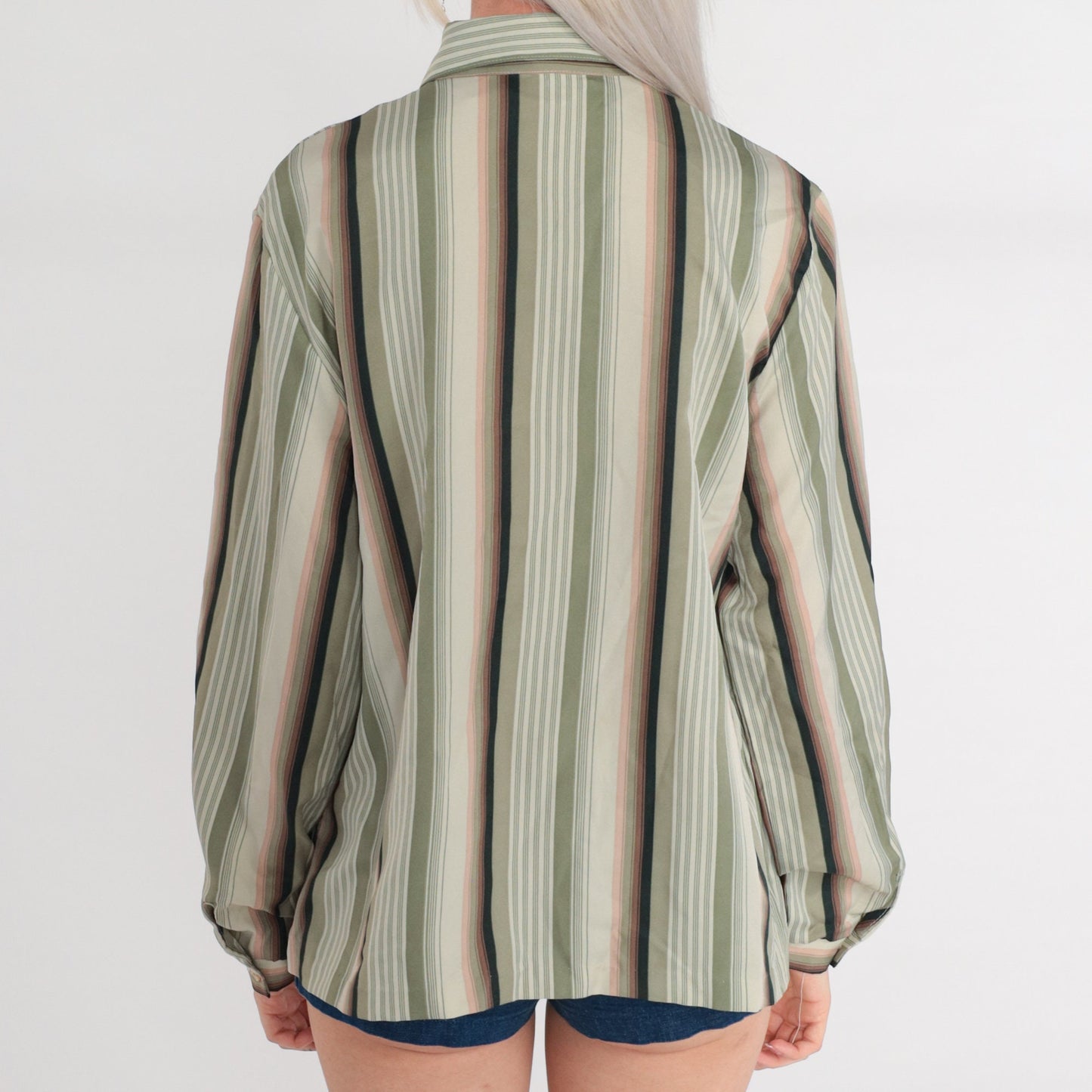 70s Lady Arrow Striped Button-Up Blouse Long Sleeve Collared Green Pink Large L