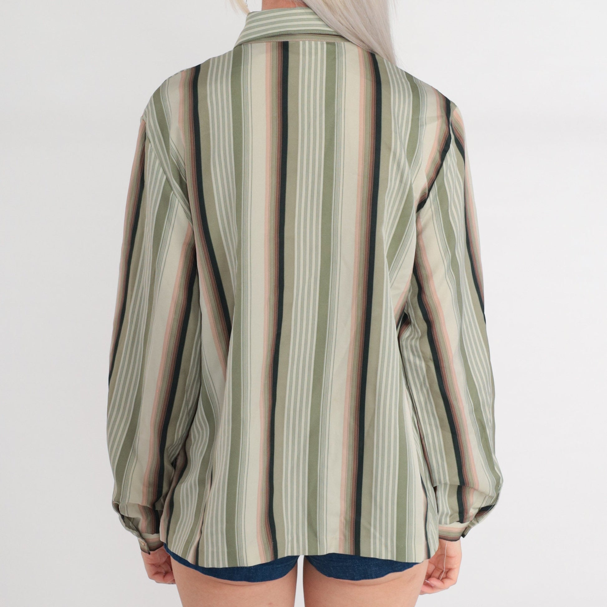 70s Lady Arrow Striped Button-Up Blouse Long Sleeve Collared Green Pink Large L