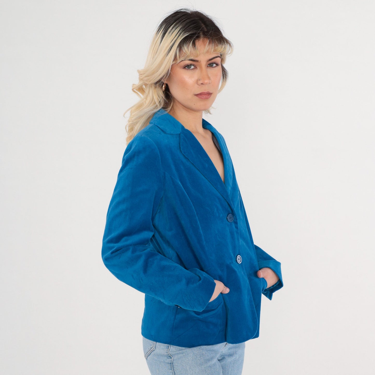 90s Studio Works Blue Velvet Blazer Button-Up Jacket Medium
