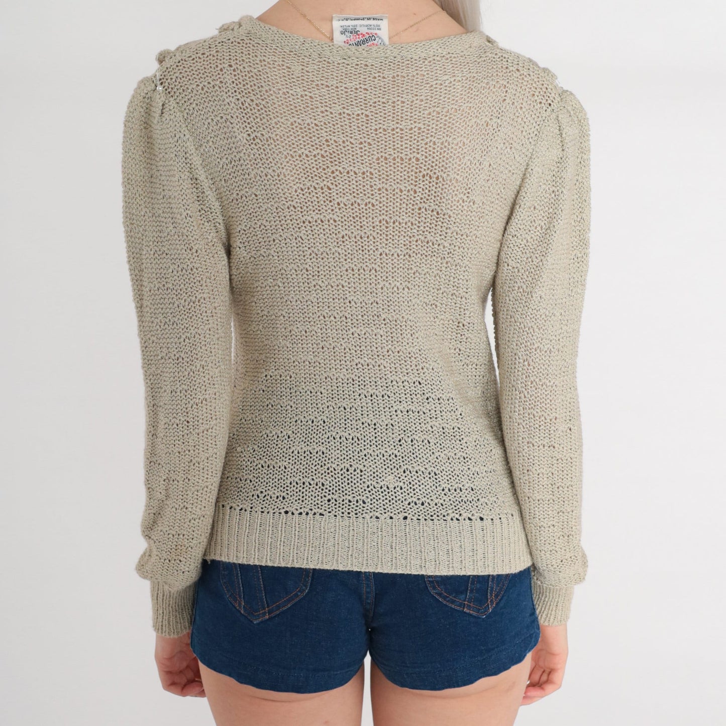 80s Currents Pearl Beaded Taupe Knit Sweater Puff Sleeve Extra Small