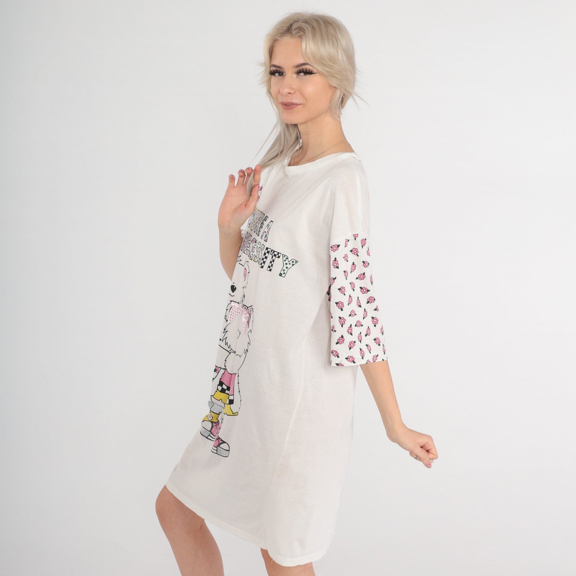 90s Teddy Bear Graphic T-Shirt Dress You're a Bear Necessity Mini Cream Small