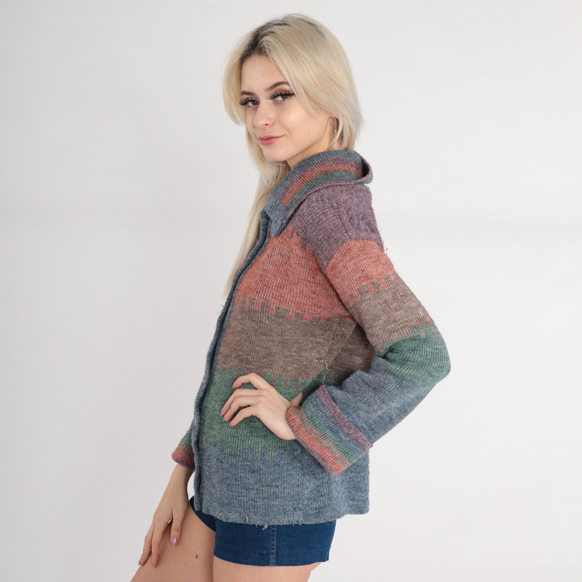 70s Striped Cardigan Knit Button Up Sweater Orange Blue Purple Green Medium M
