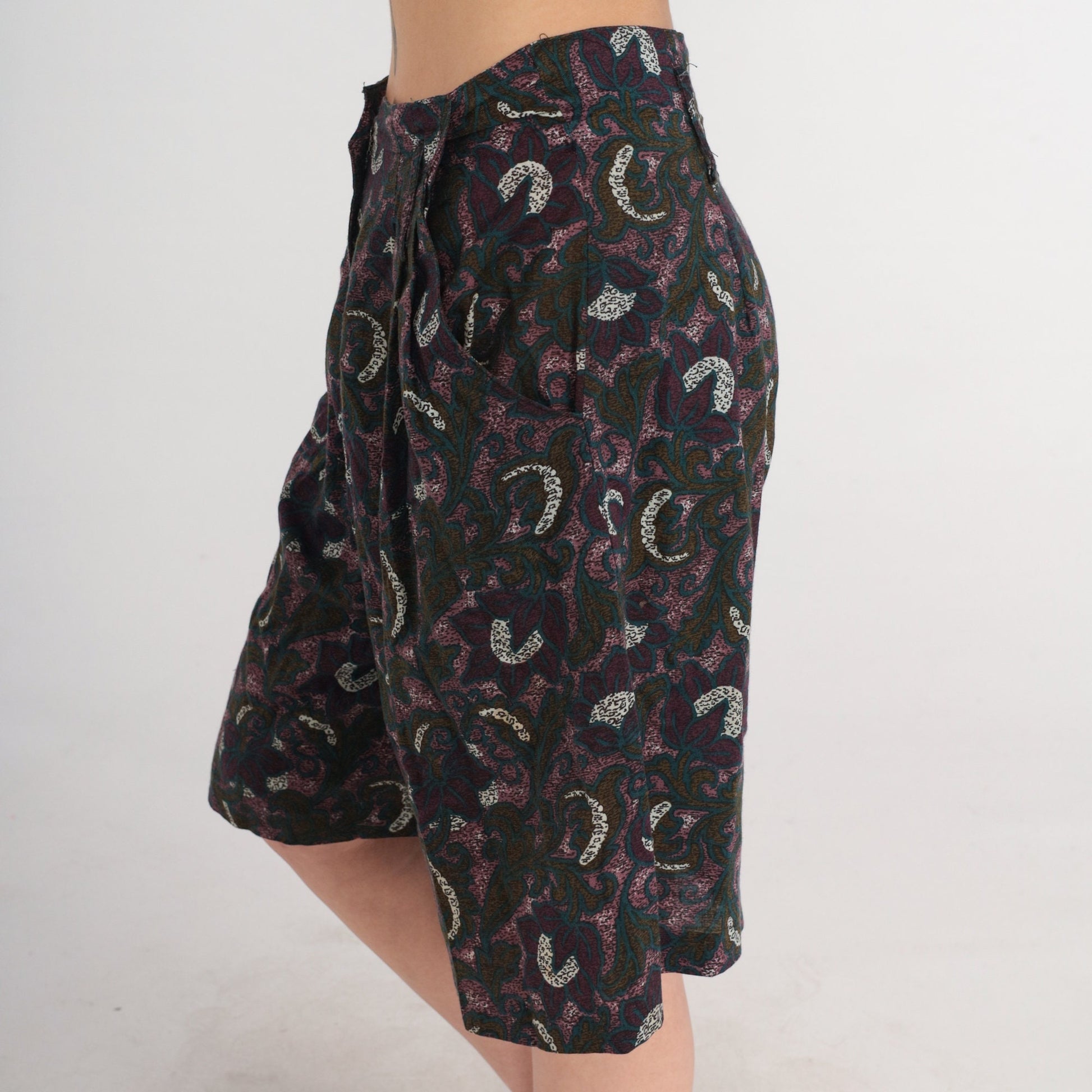90s Floral Pleated Shorts High Waist Wide Leg Dark Print Purple Green Small