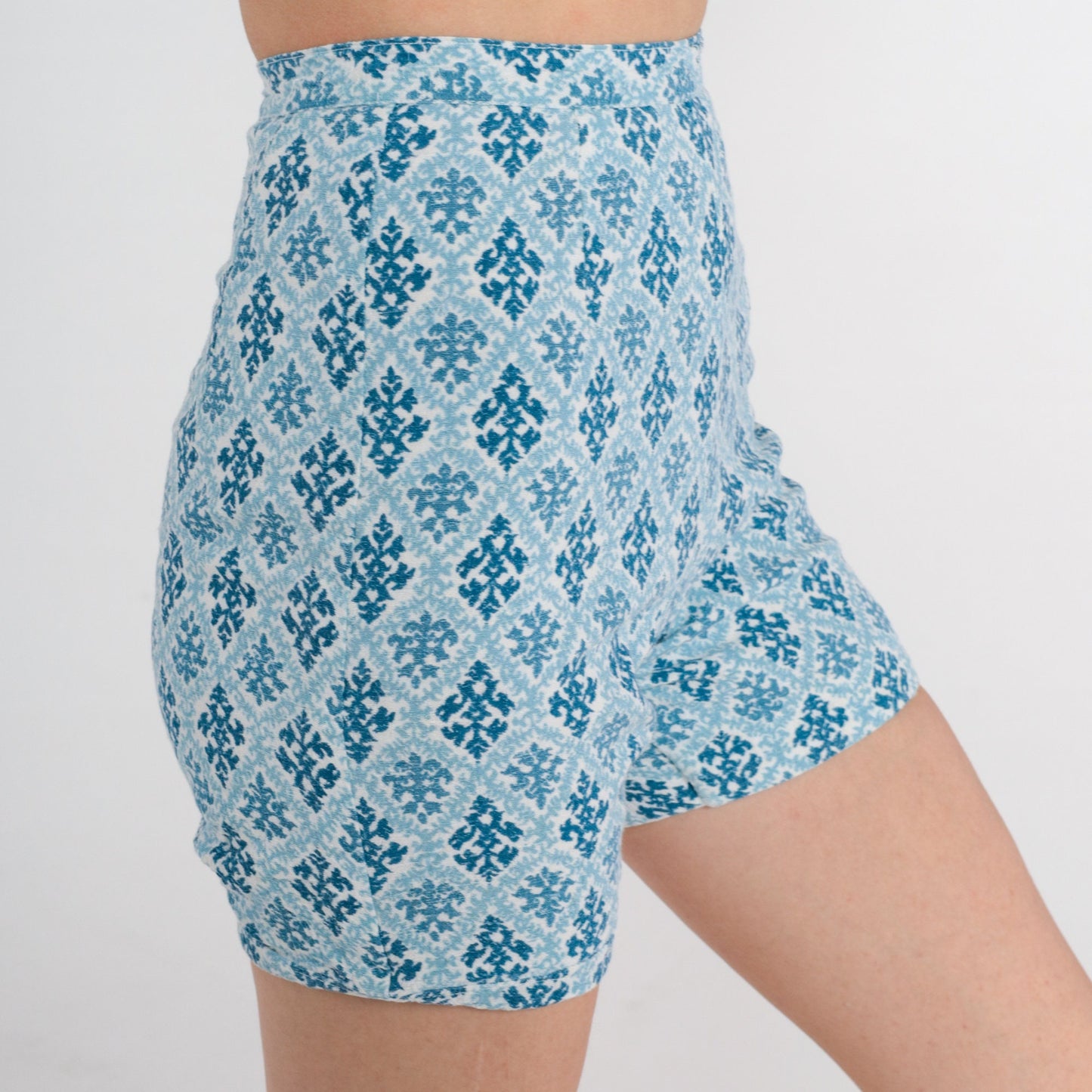 60s Blue Tapestry Print High-Waist Shorts Geometric XXS