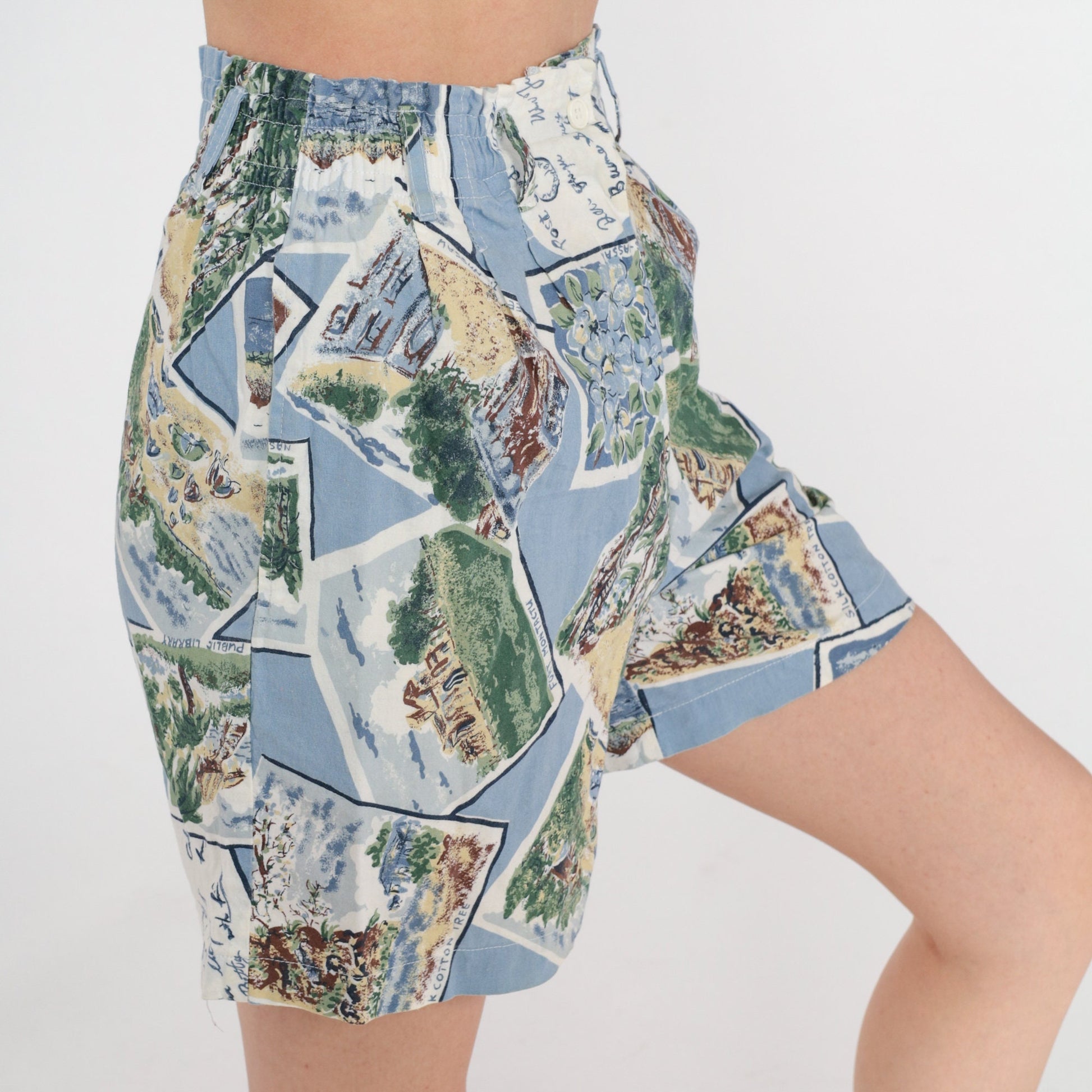90s Bahamas Postcard Pleated High-Waist Shorts Blue Cotton Small