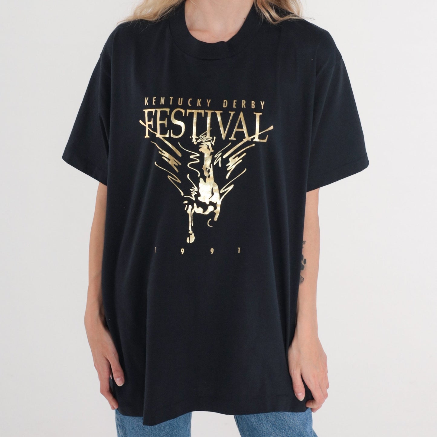 1993 Kentucky Derby Graphic T-Shirt 90s Horse Racing Metallic Black Gold Extra Large XL