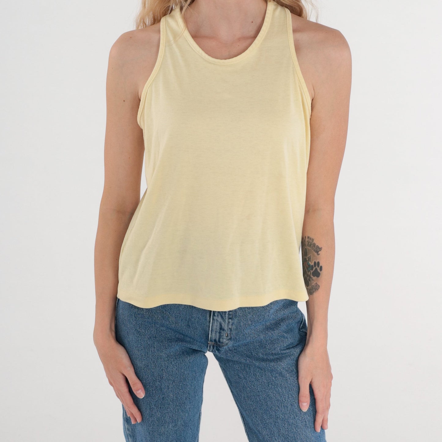 80s Pale Yellow Racerback Tank Top Cotton Blend Single Stitch Small