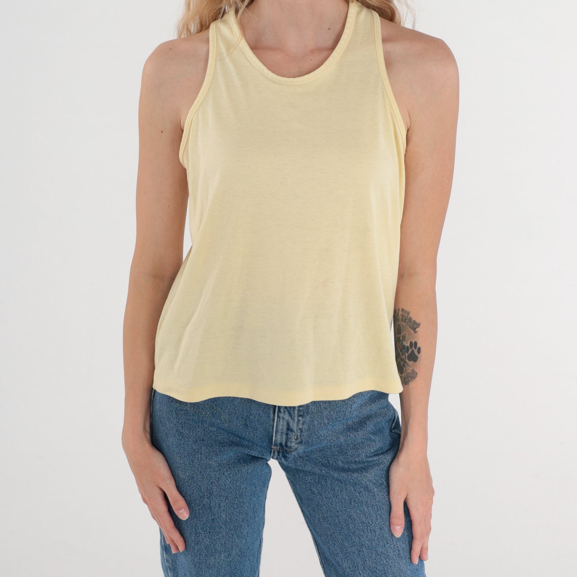 80s Pale Yellow Racerback Tank Top Cotton Blend Single Stitch Small