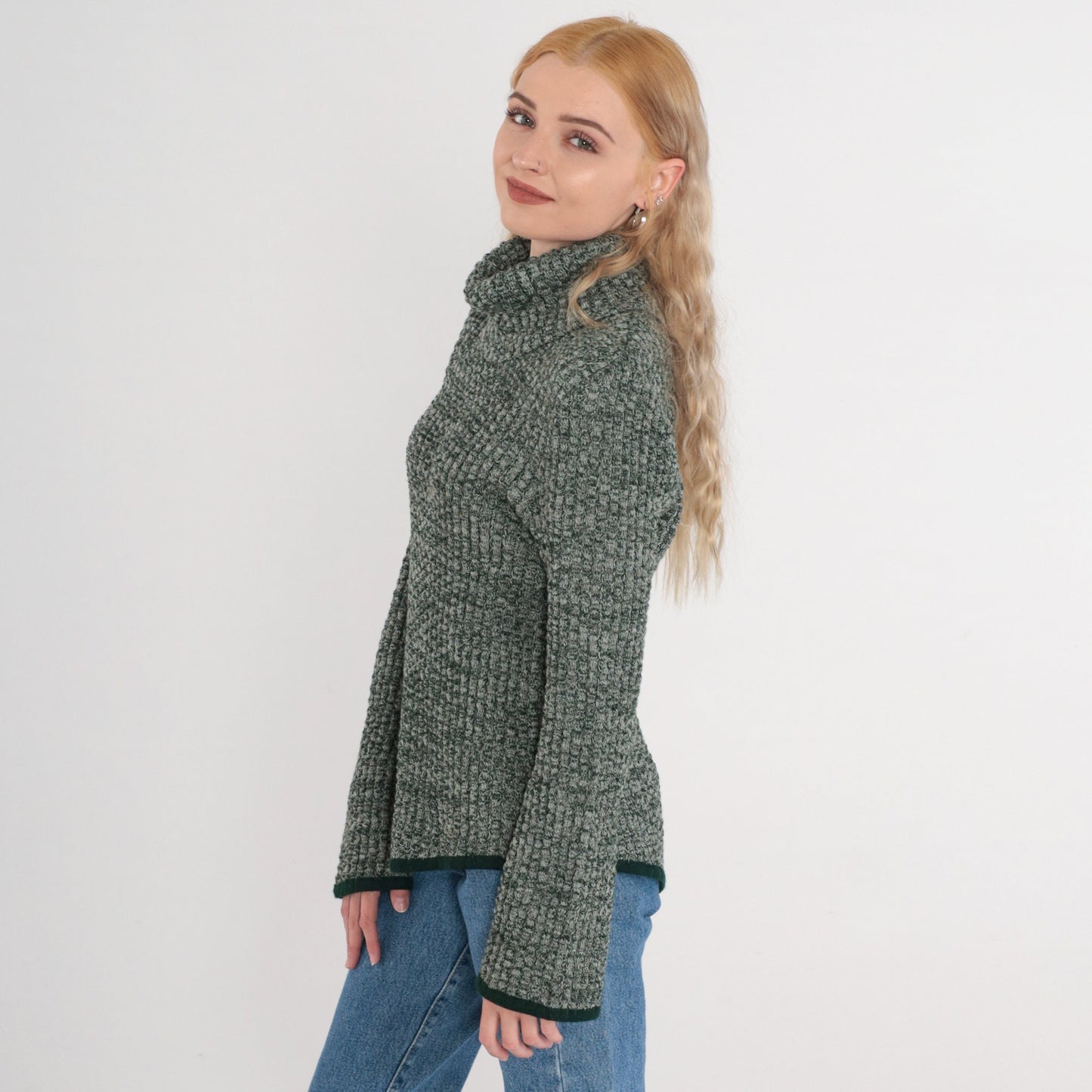 80s Heather Green Wool Blend Turtleneck Sweater Asymmetrical Hem Tassel Medium Large