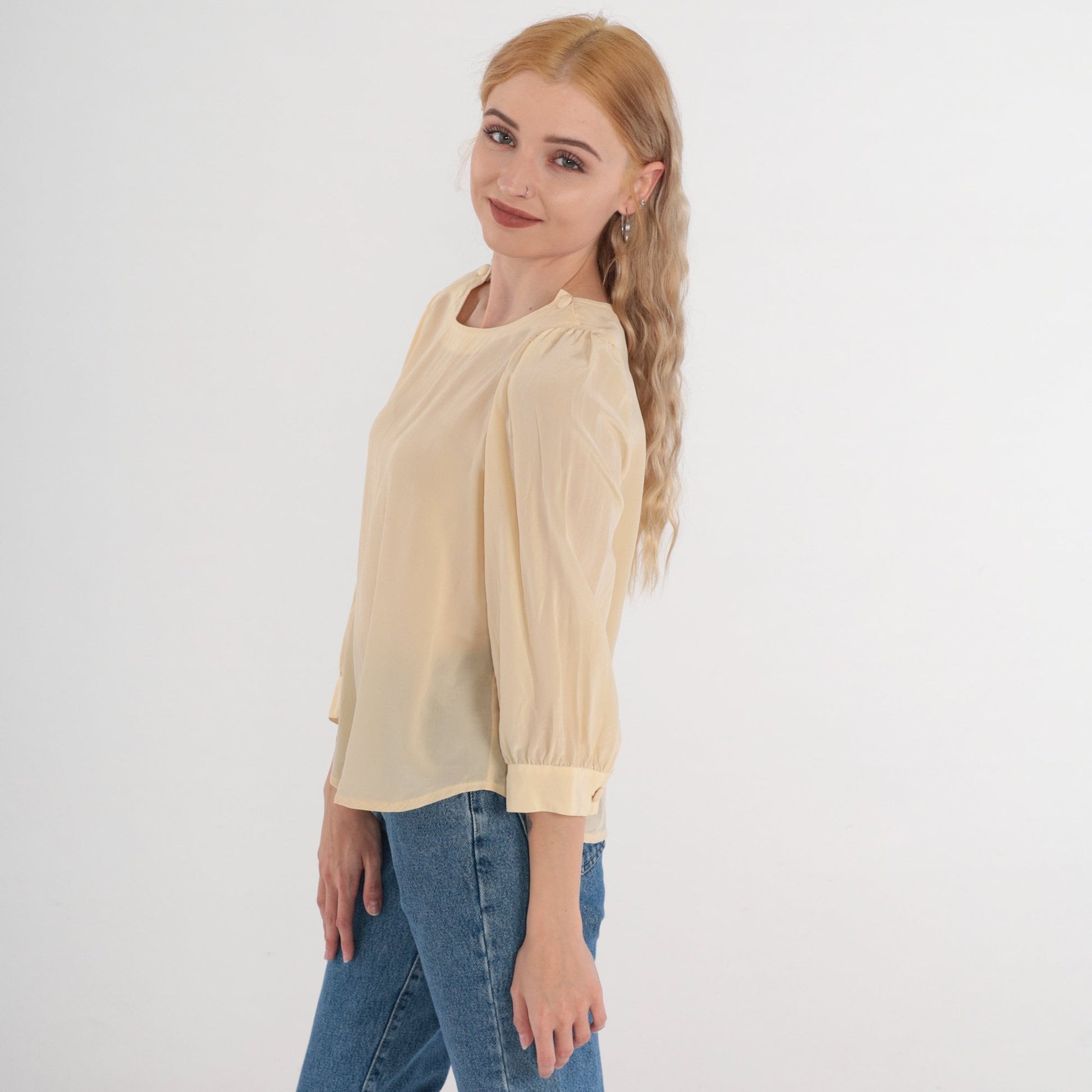 80s Jonathan Martin Cream Silk Blouse Puff Sleeve Button Shoulder Medium