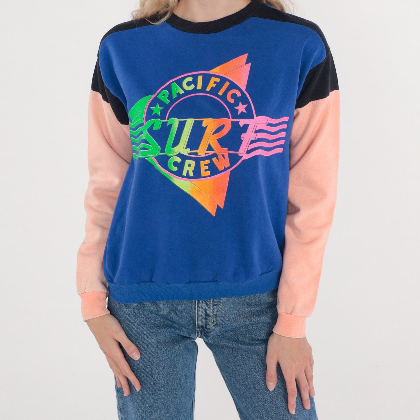 90s Pacific Crew Surf Graphic Sweatshirt Color Block Blue Peach Black Extra Small