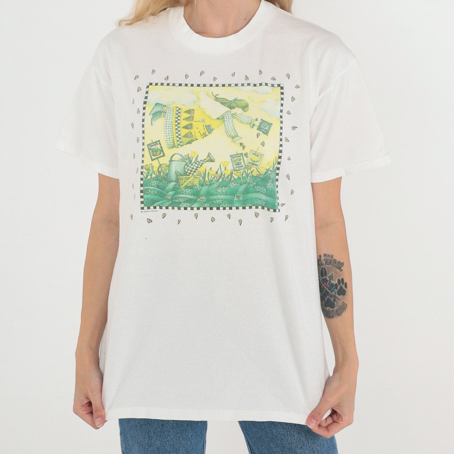90s Plant the Earth Angel Gardening Graphic T-Shirt White Cotton Medium