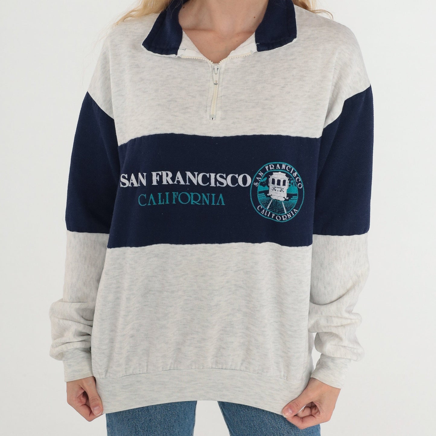 90s San Francisco Cable Car Quarter Zip Sweatshirt Heather Grey Blue Medium