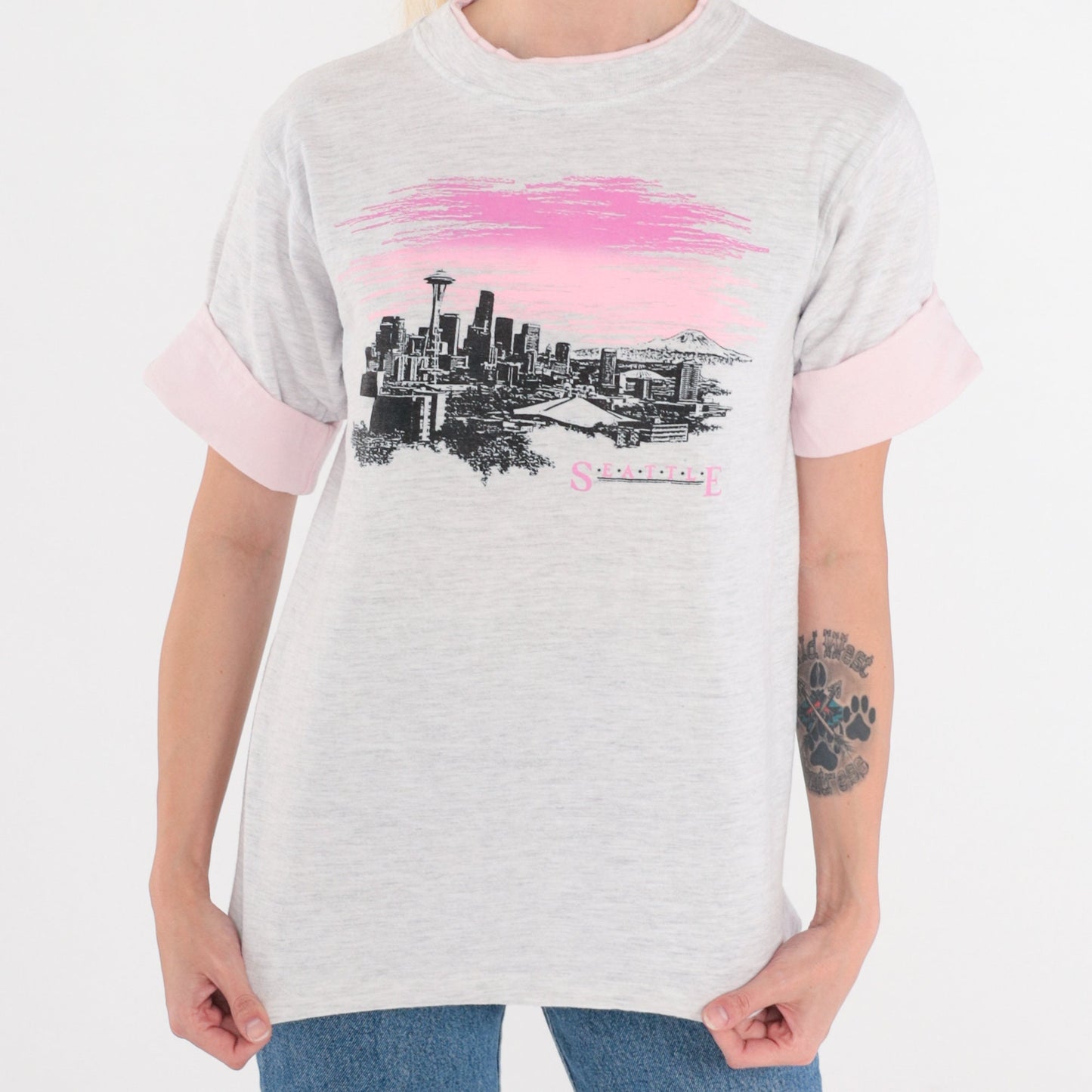 90s Seattle Mt Rainier Graphic T-Shirt Heather Grey Pink Cuff Small
