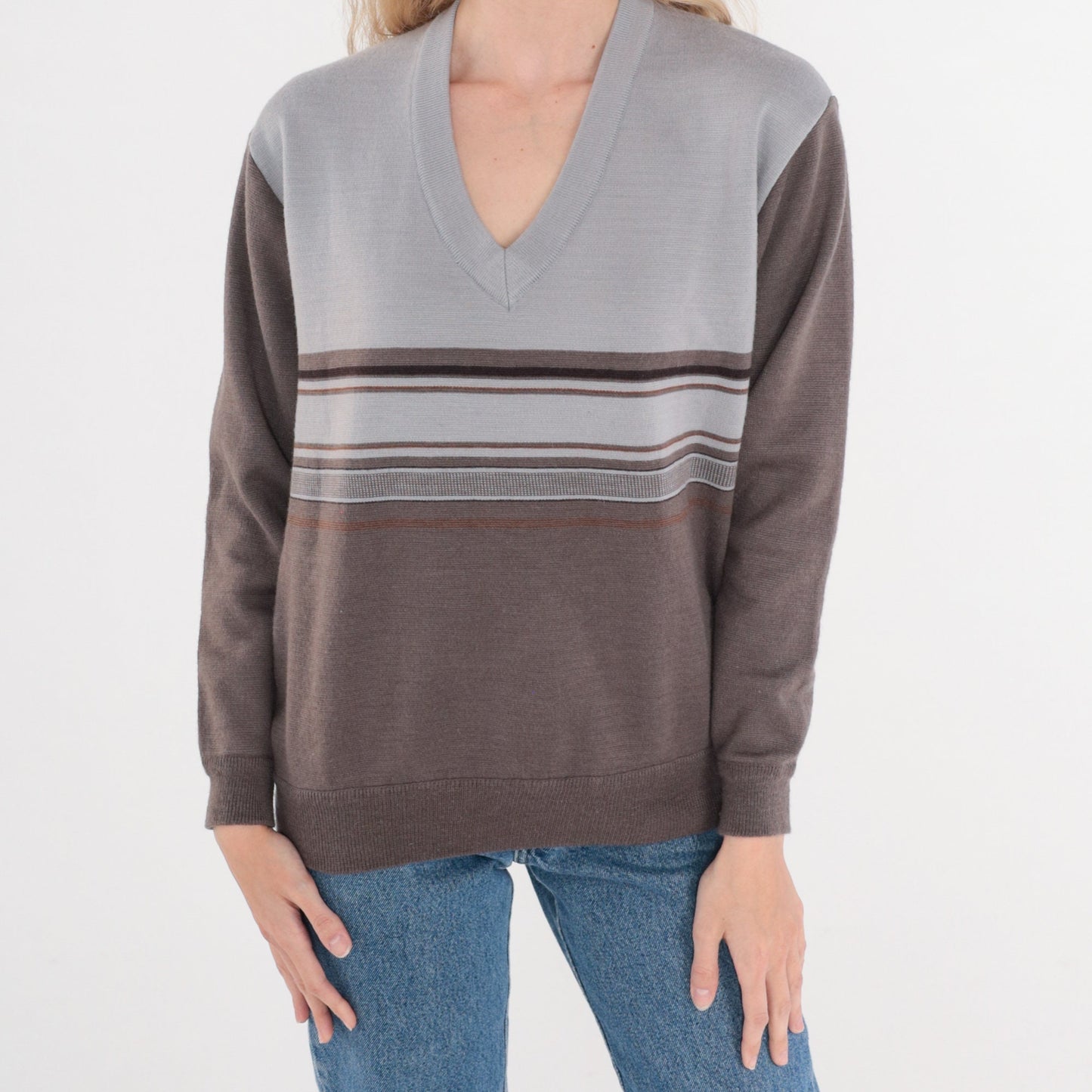80s Striped V-Neck Sweater Wool Blend Grey Taupe Pullover Small Medium