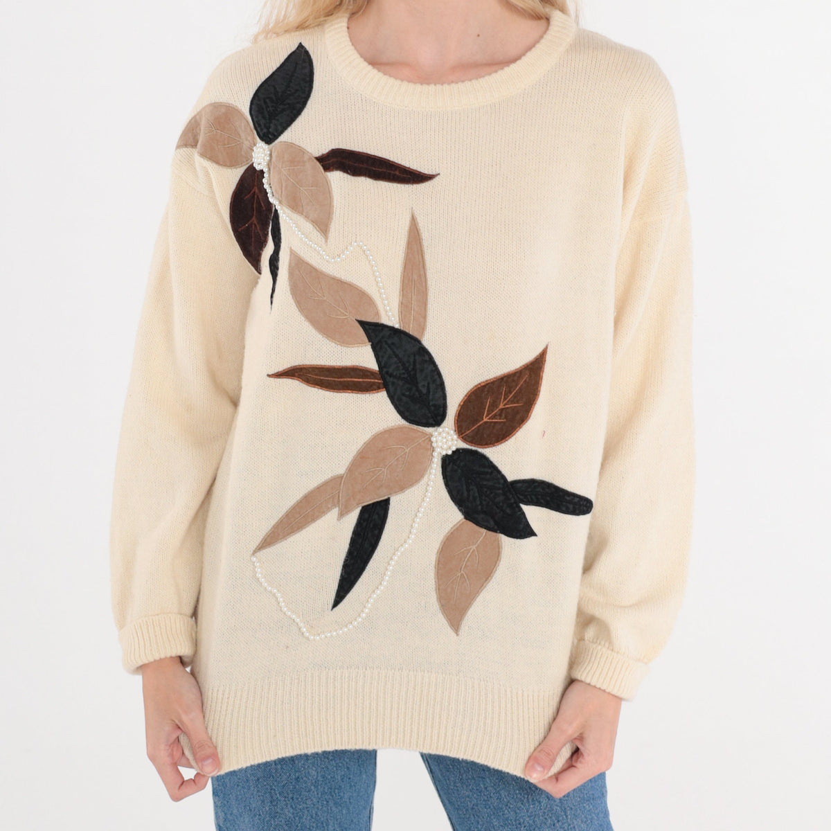80s Cream Floral Beaded Knit Sweater Pearl Embroidered Pullover Medium