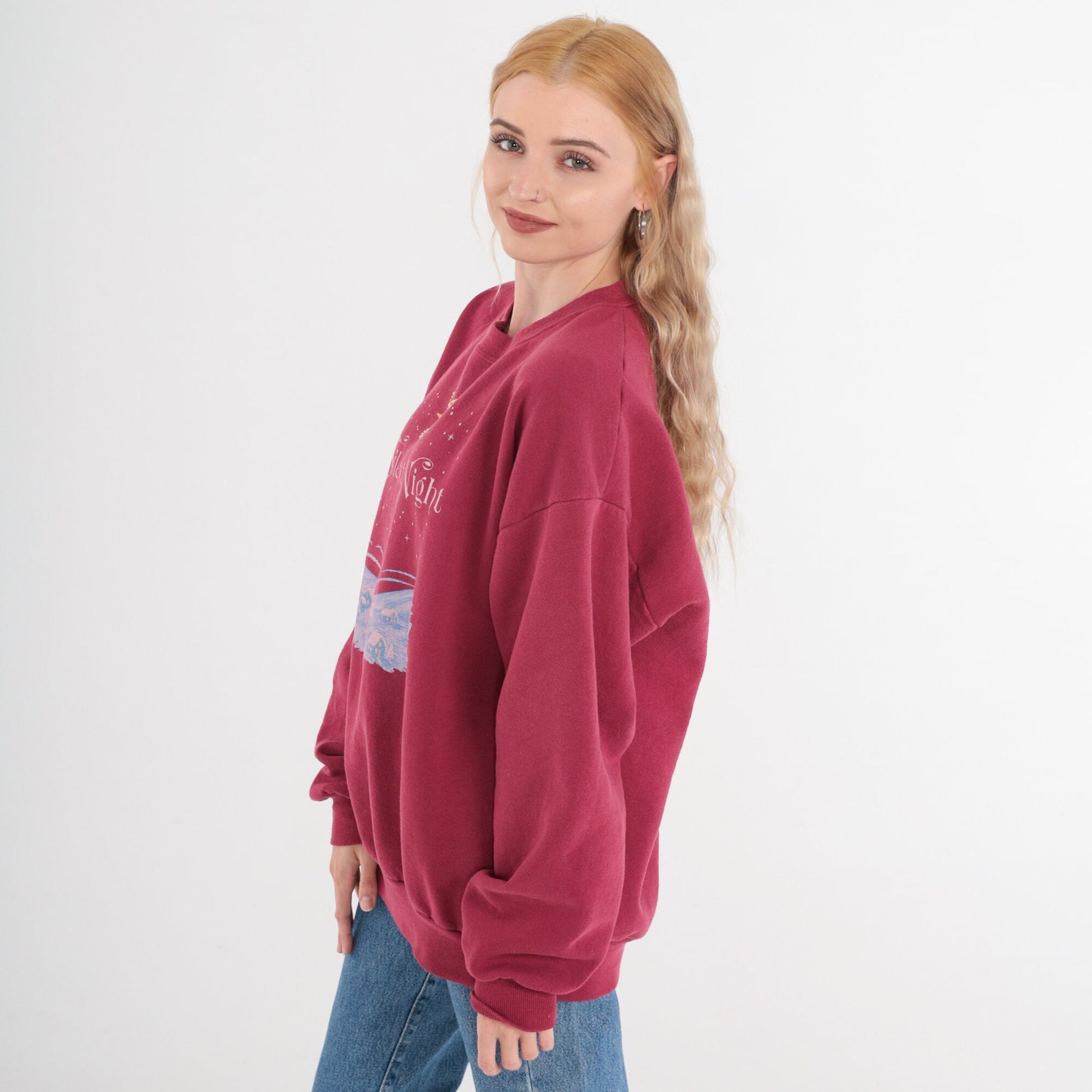 90s Jerzees Silent Night Christmas Sweatshirt Rhinestone Star Magenta XL