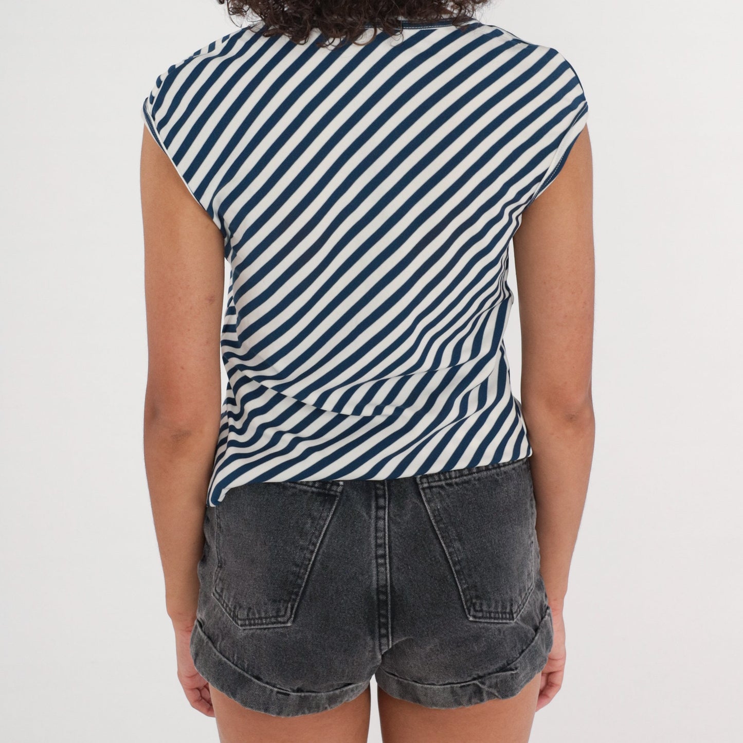70s Navy White Diagonal Striped Cap Sleeve Blouse Crew Neck Small