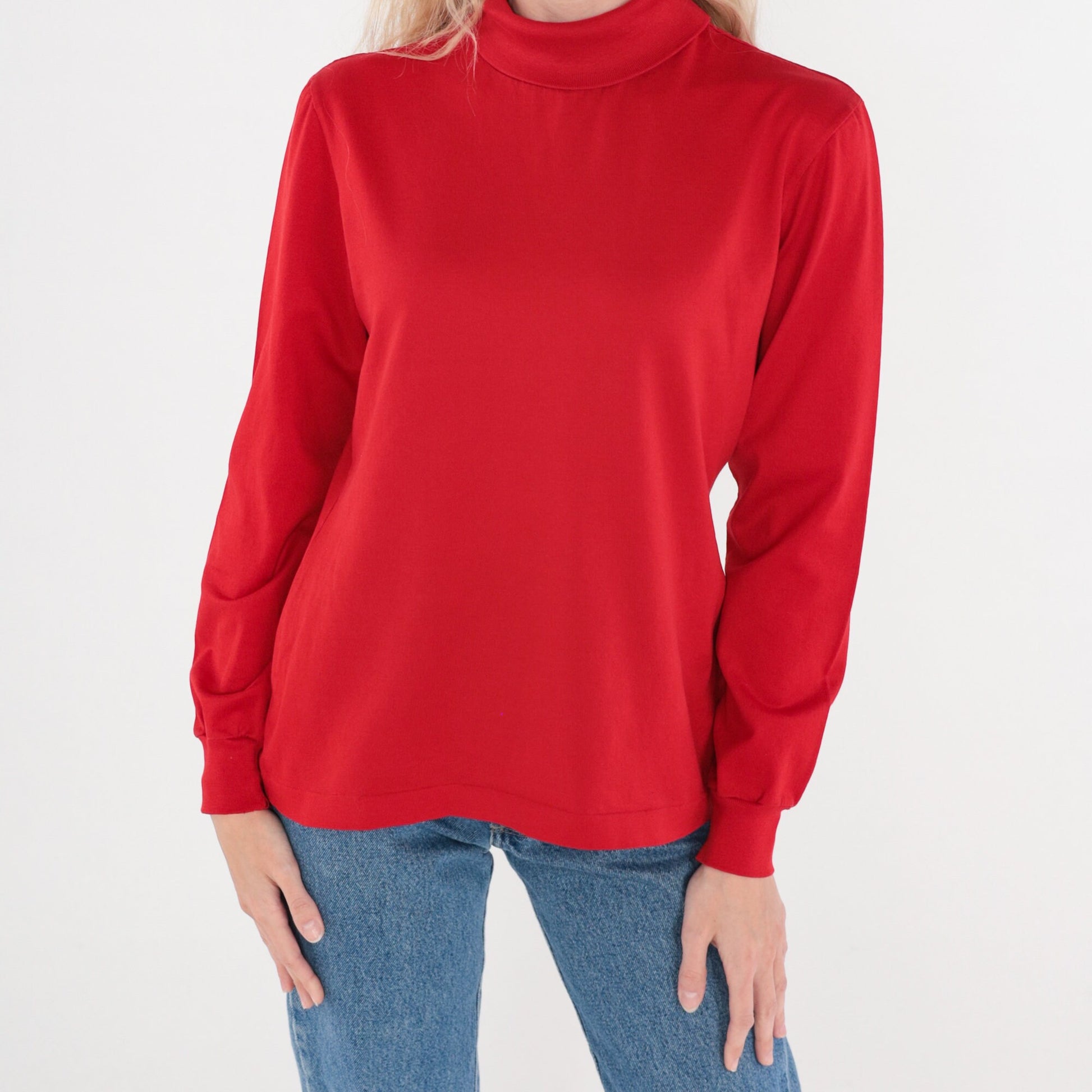 80s Red Turtleneck Long Sleeve Cotton Pullover Medium